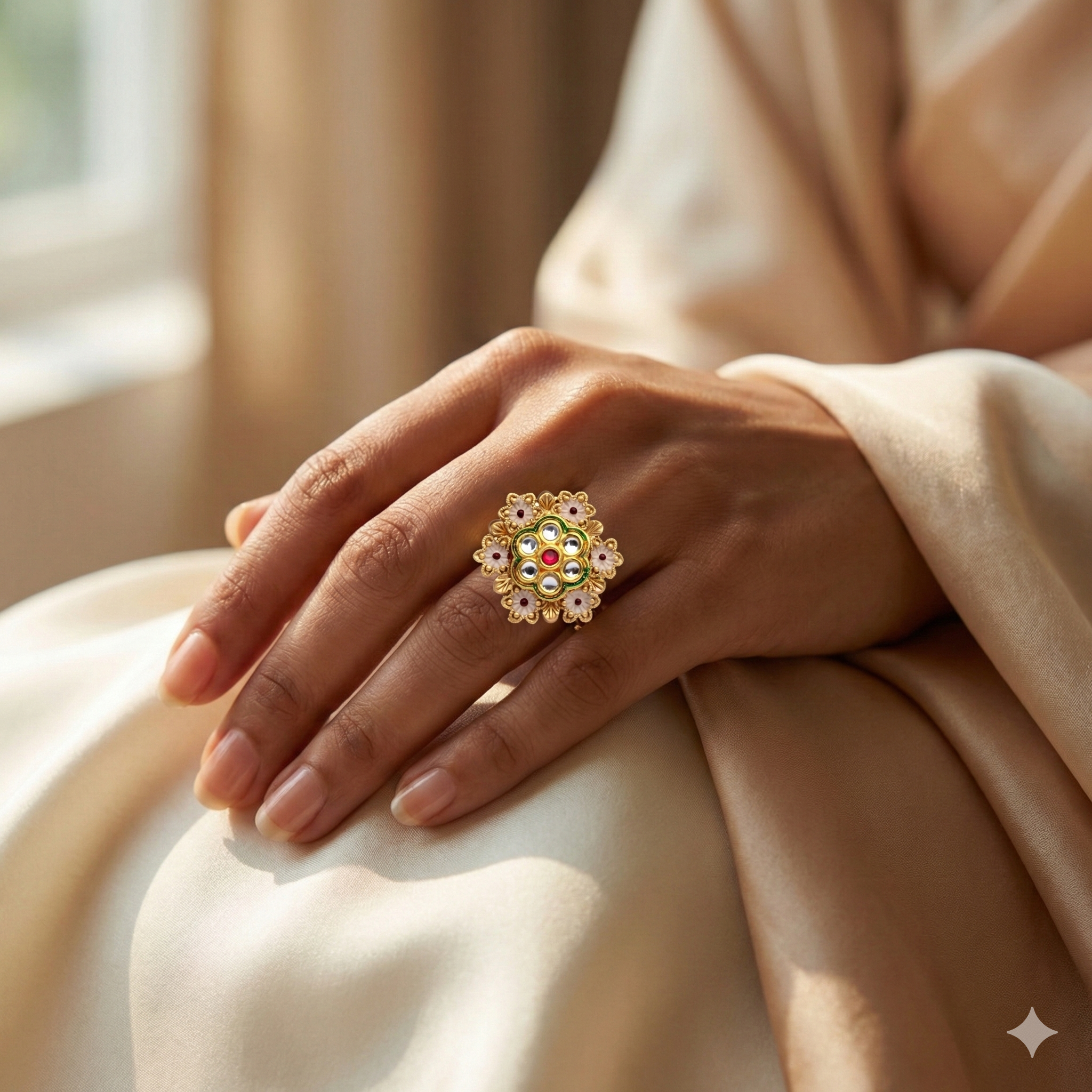 Gold Plated Kundan Ring - Adjustable Traditional Ring with Multicolor Stones and Green Enamel