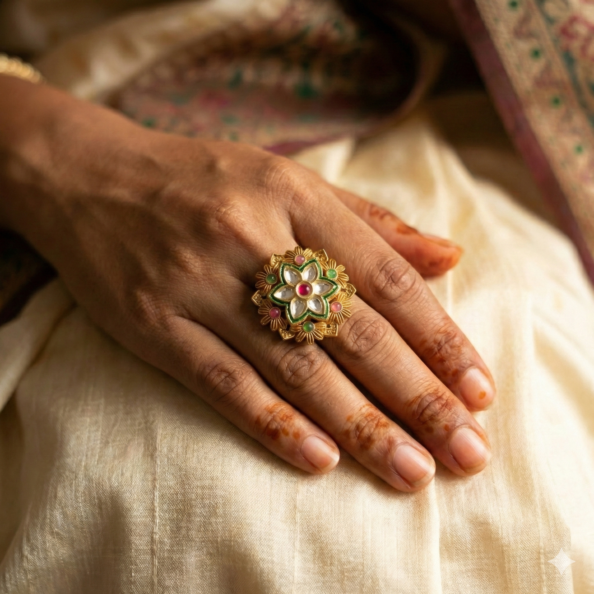 Gold Plated Kundan Ring - Adjustable Traditional Ring with Multicolor Stones and Green Enamel