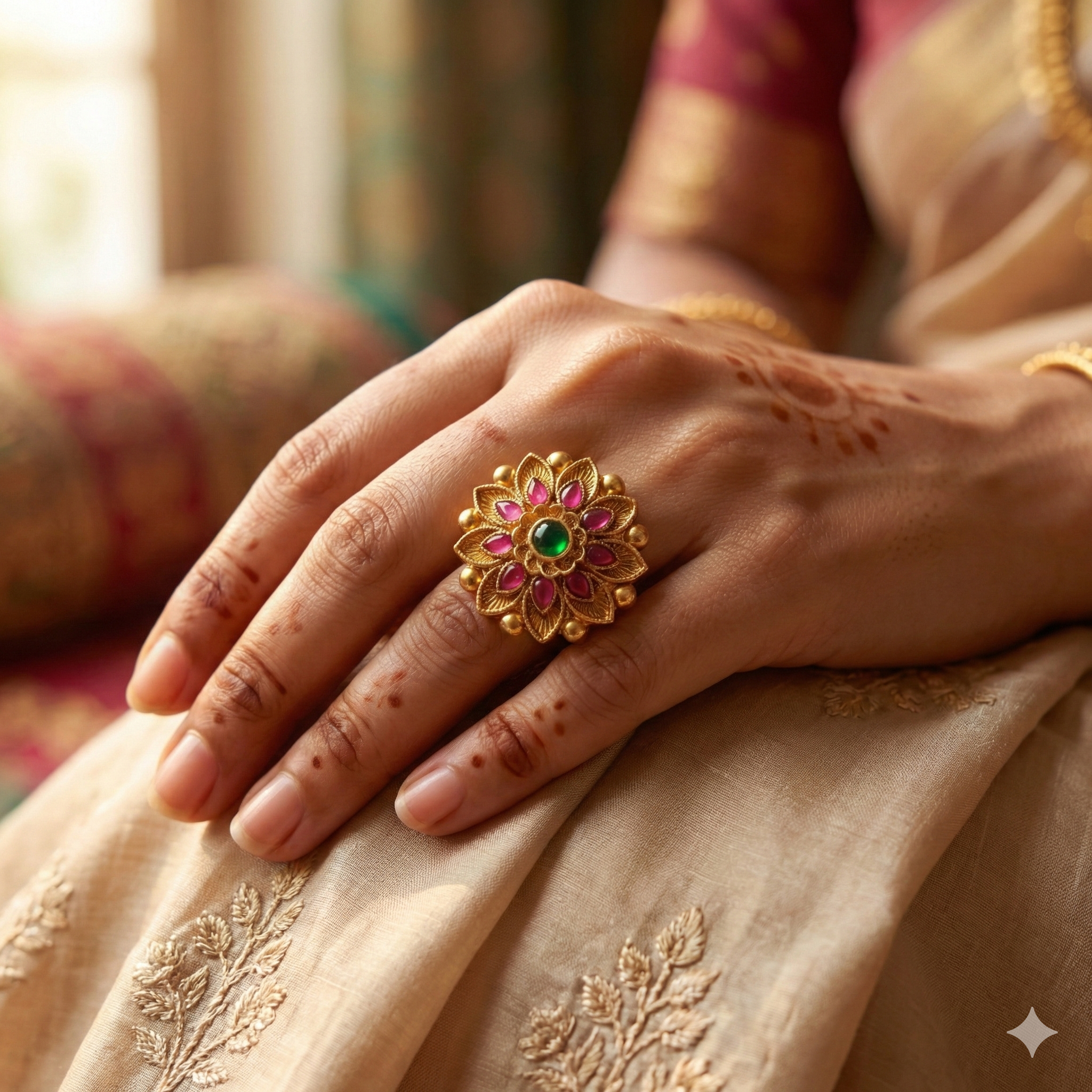 Gold Plated Floral Ring - Adjustable Traditional Ring with Pink Stones and Pearl Accents