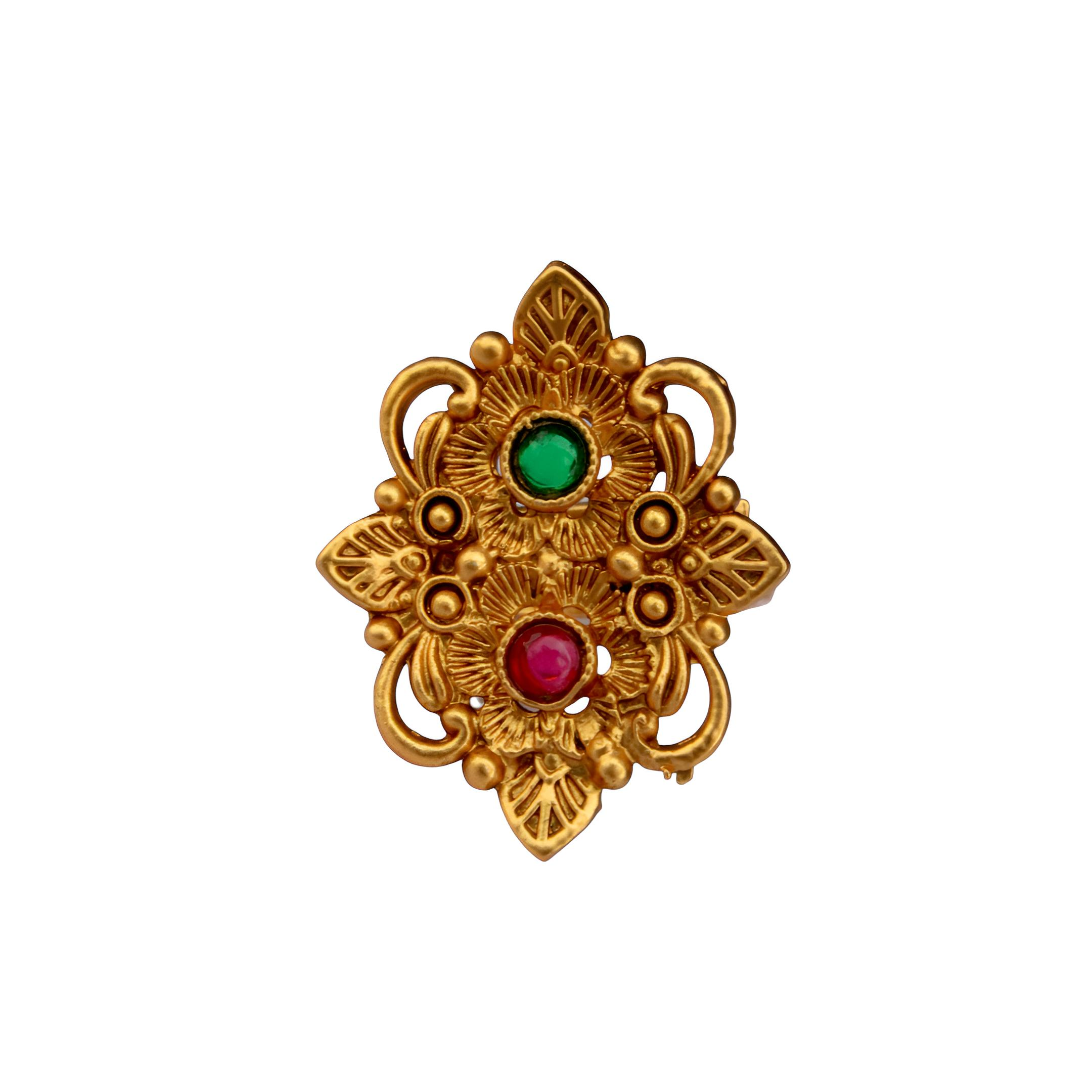 Gold Plated Antique Ring - Adjustable Traditional Ring with Green and Red Stones