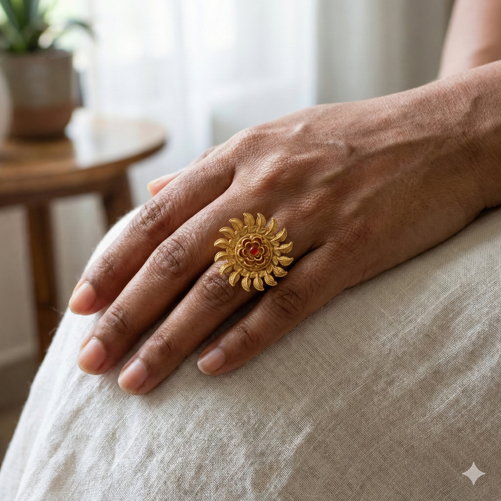 Gold Plated Sunburst Ring - Adjustable Traditional Floral Ring with Red Stone