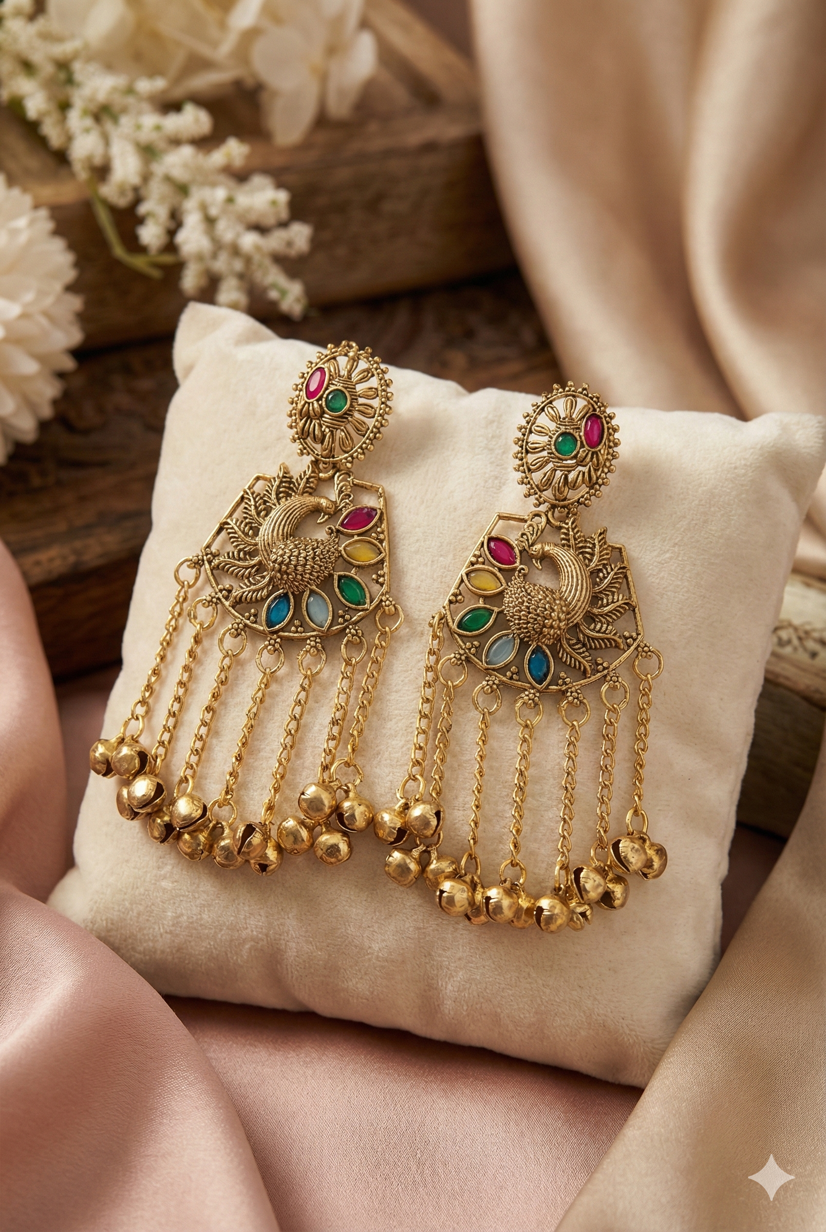 Kashmiri Peacock Earrings - Golden Imitation Jewelry with Multicolor Stones & Ghungroo