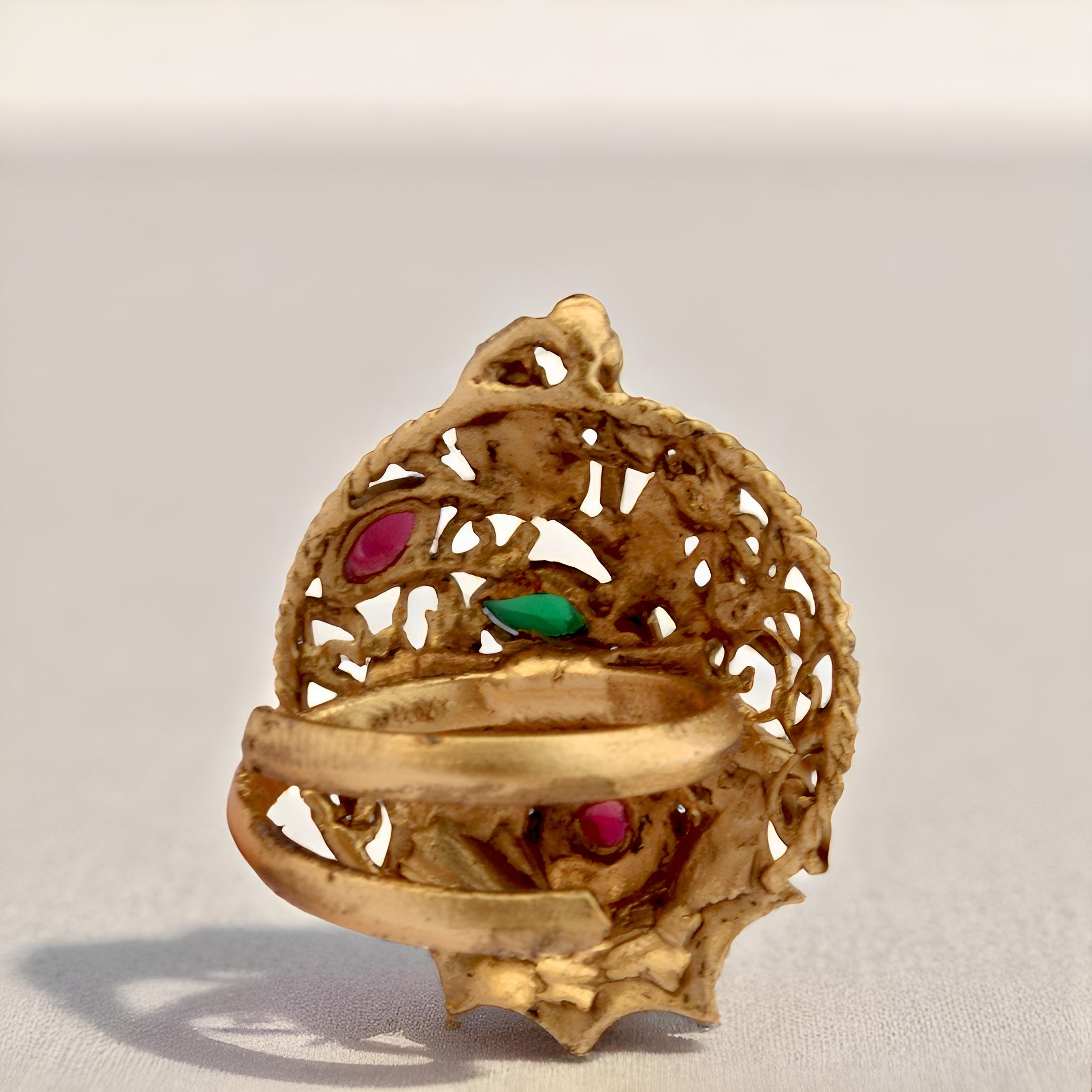 Adjustable Golden Statement Ring | Traditional Filigree Design with Gemstones