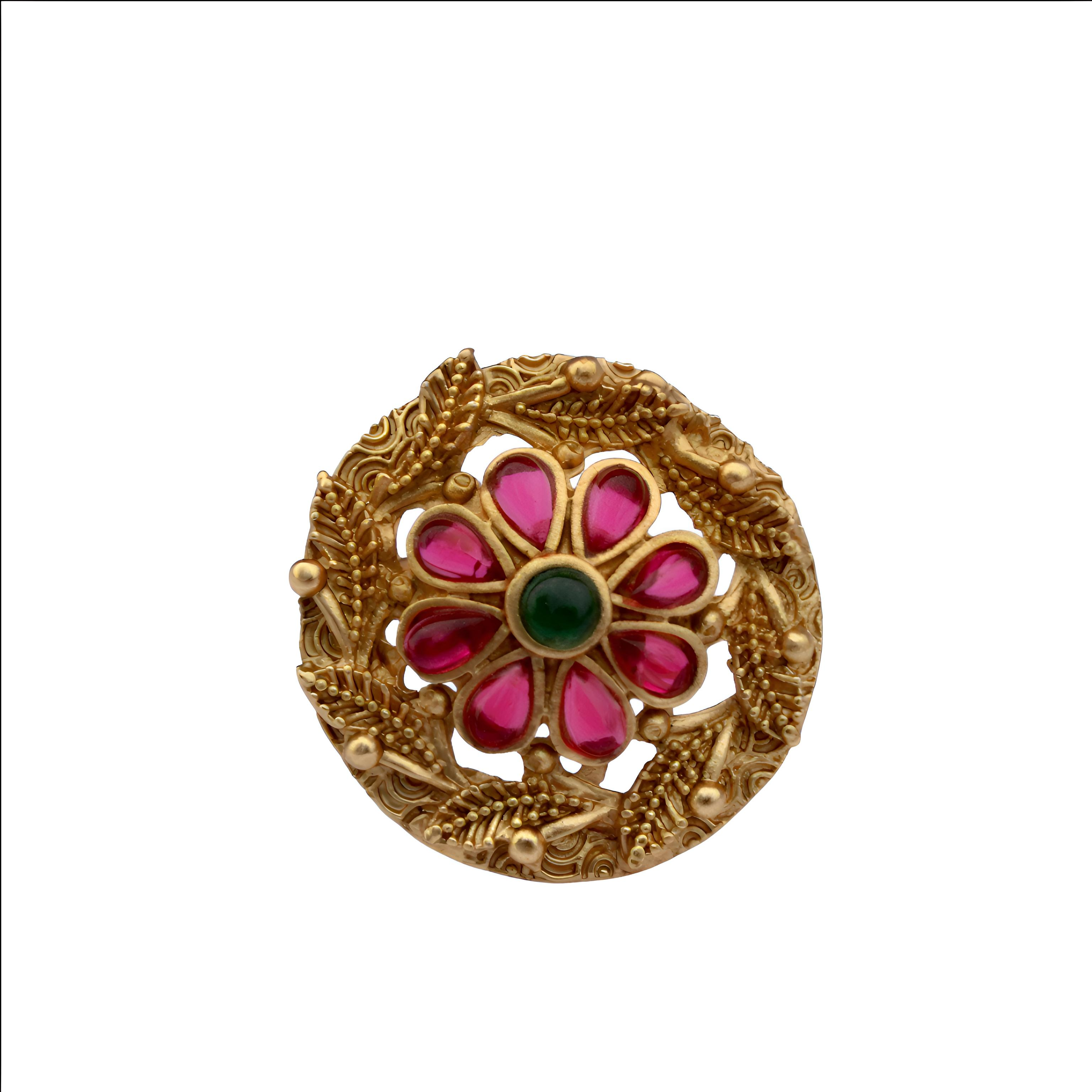Golden Floral Ring with Pink and Green Stones - Imitation Jewelry