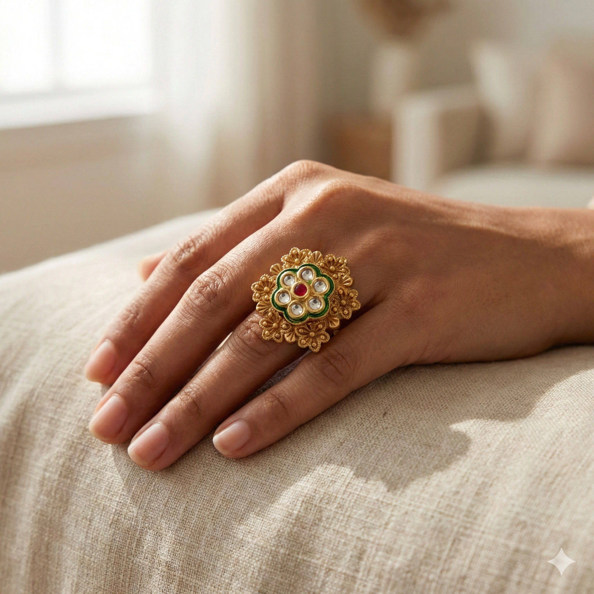Gold Plated Floral Ring - Adjustable Traditional Ring with Green Enamel and Pearl Stones