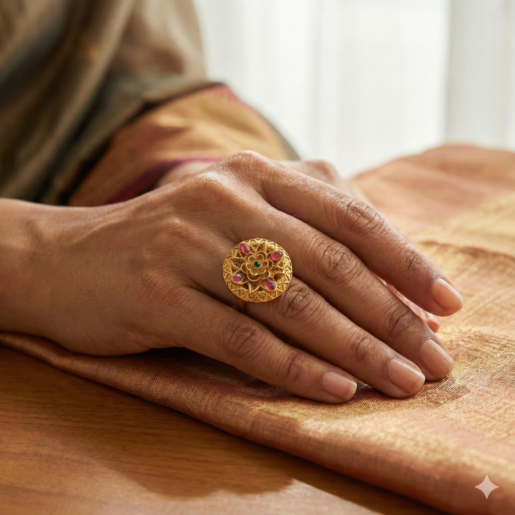 Golden Filigree Mandala Ring with Pink Stones - Imitation Jewelry