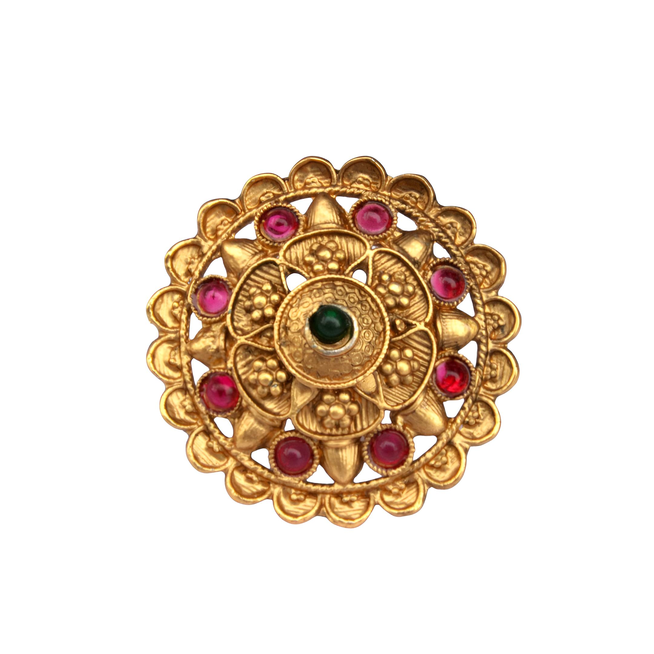 Gold Plated Mandala Ring - Adjustable Traditional Ring with Pink Stones