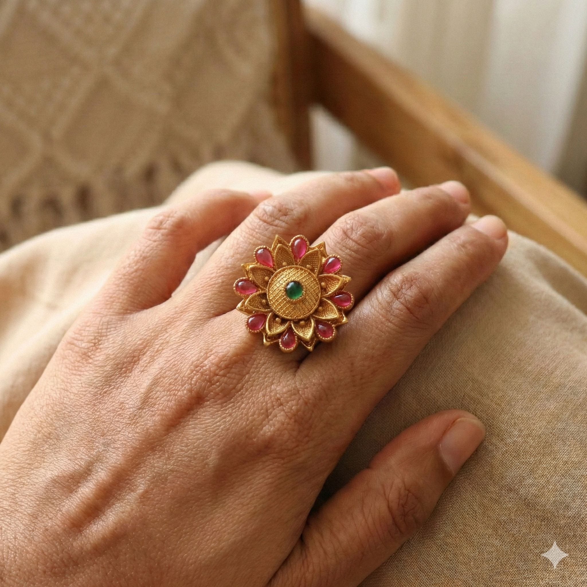 Gold Plated Sunburst Ring - Adjustable Traditional Ring with Pink and Green Stones