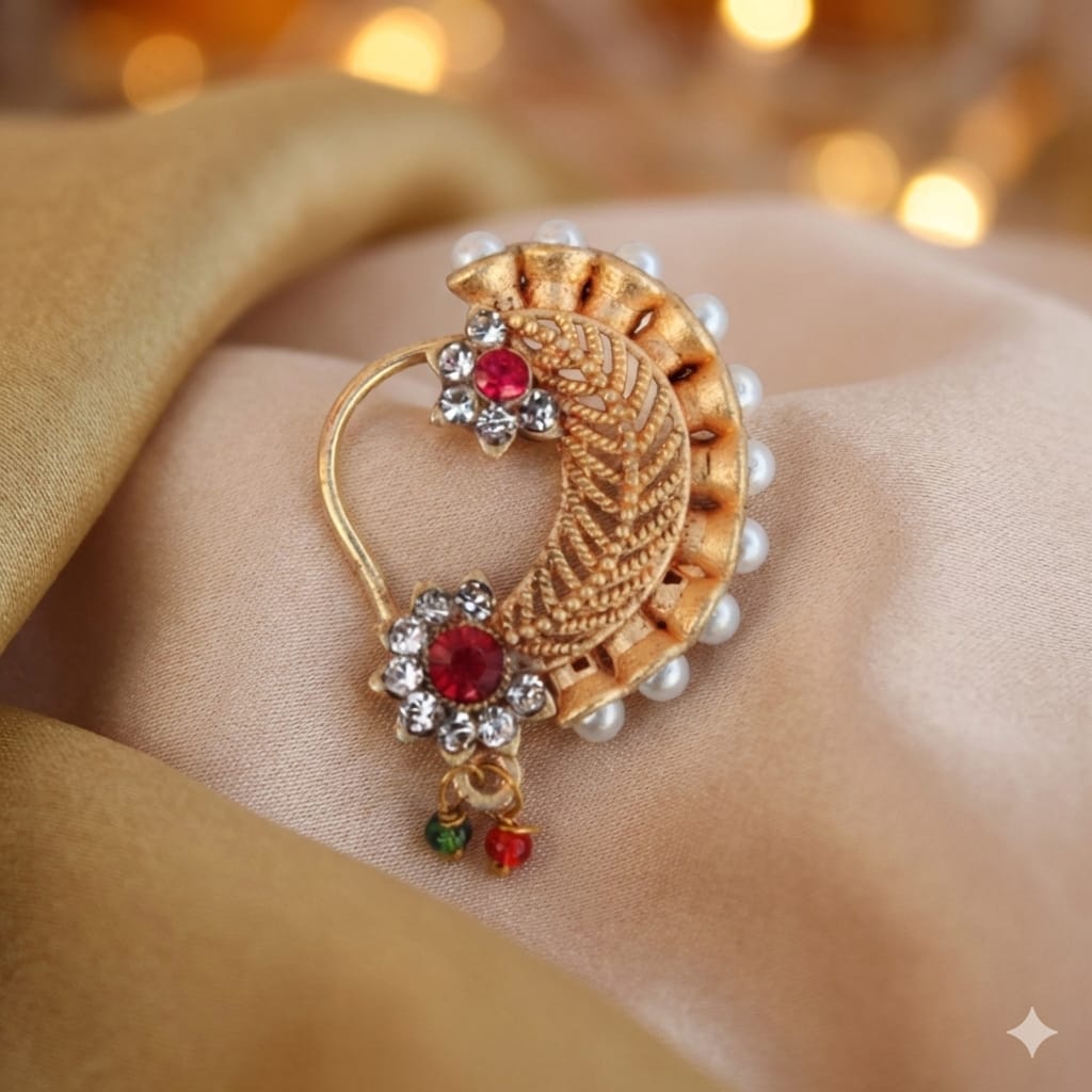 Traditional Banu Style Press Nath | Gold Plated Clip-On Nose Ring (Non-Pierced)