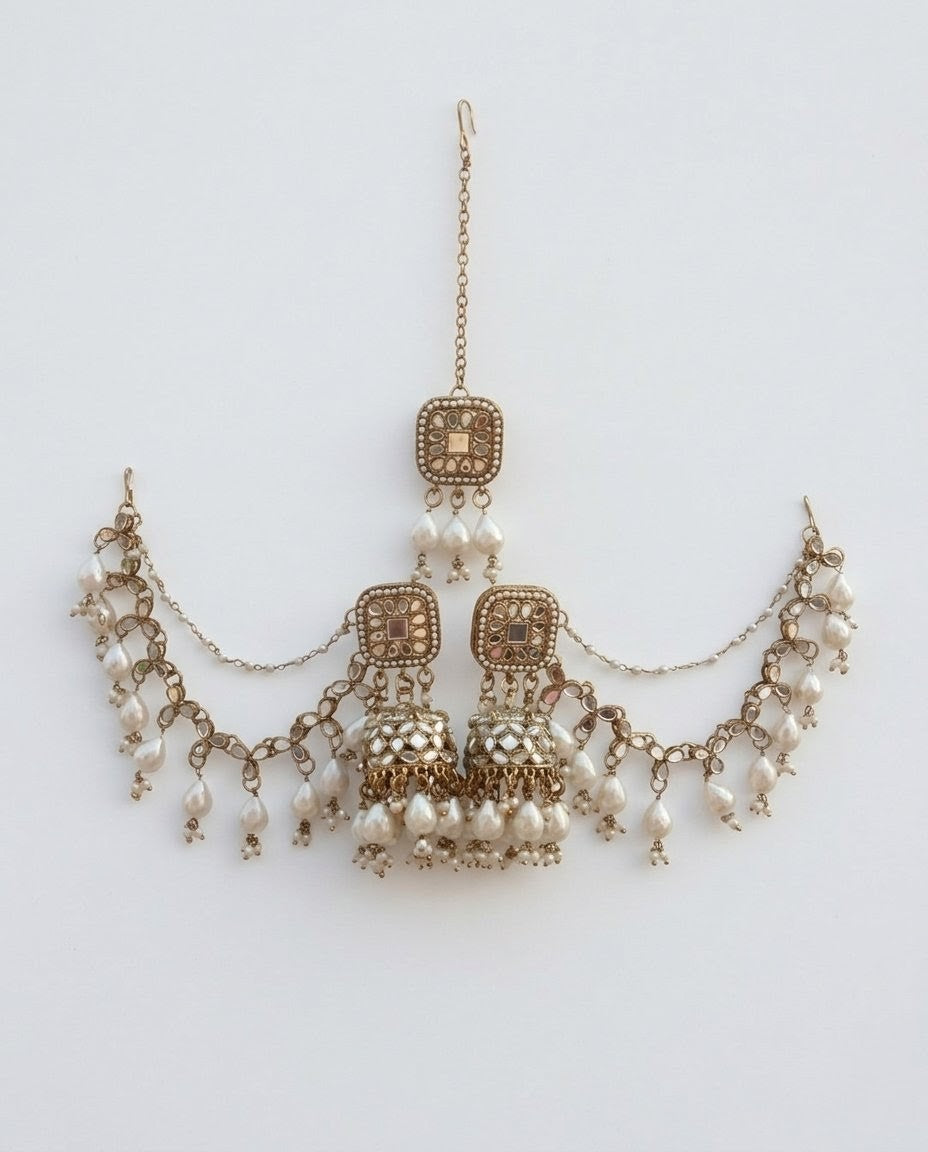 Kundan Jhumka Earrings with Maang Tikka & Chain Set - Golden Imitation Bridal Jewelry