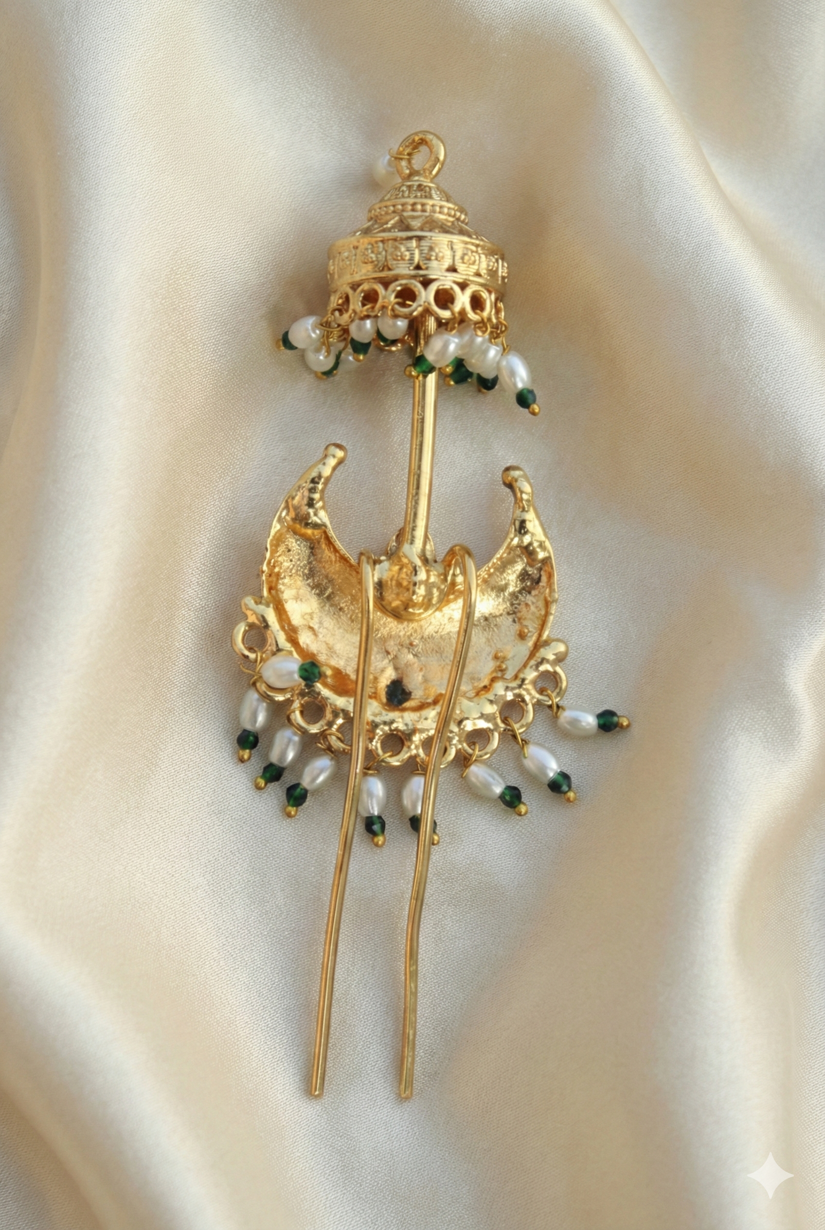 Premium Golden Khopa with Jhumka & Pearl Beads | Bridal Hair Pin
