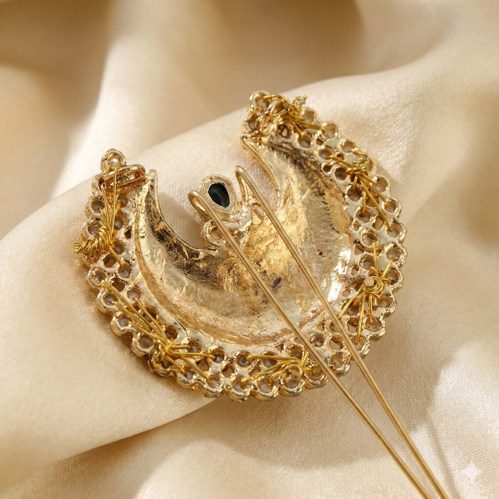 Traditional Crescent Moon Golden Khopa with Pearl Border | Hair Accessory