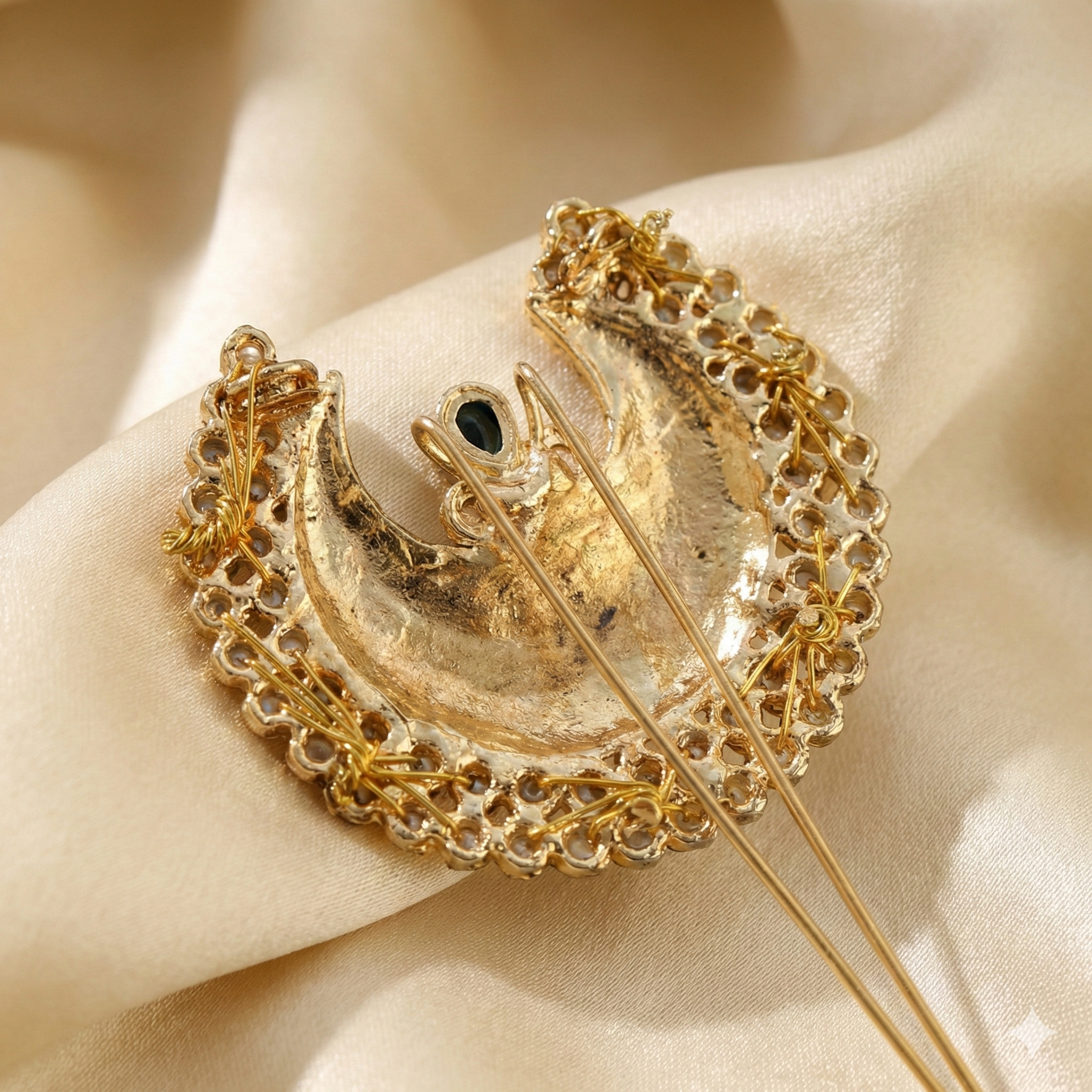 Traditional Crescent Moon Golden Khopa with Pearl Border | Hair Accessory