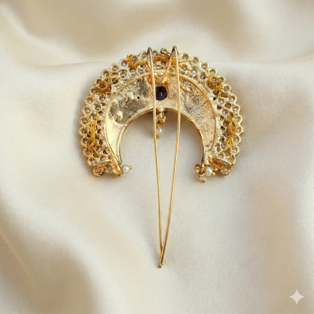 Peacock Feather Golden Khopa with Ruby Stone | Bridal Hair Jewelry