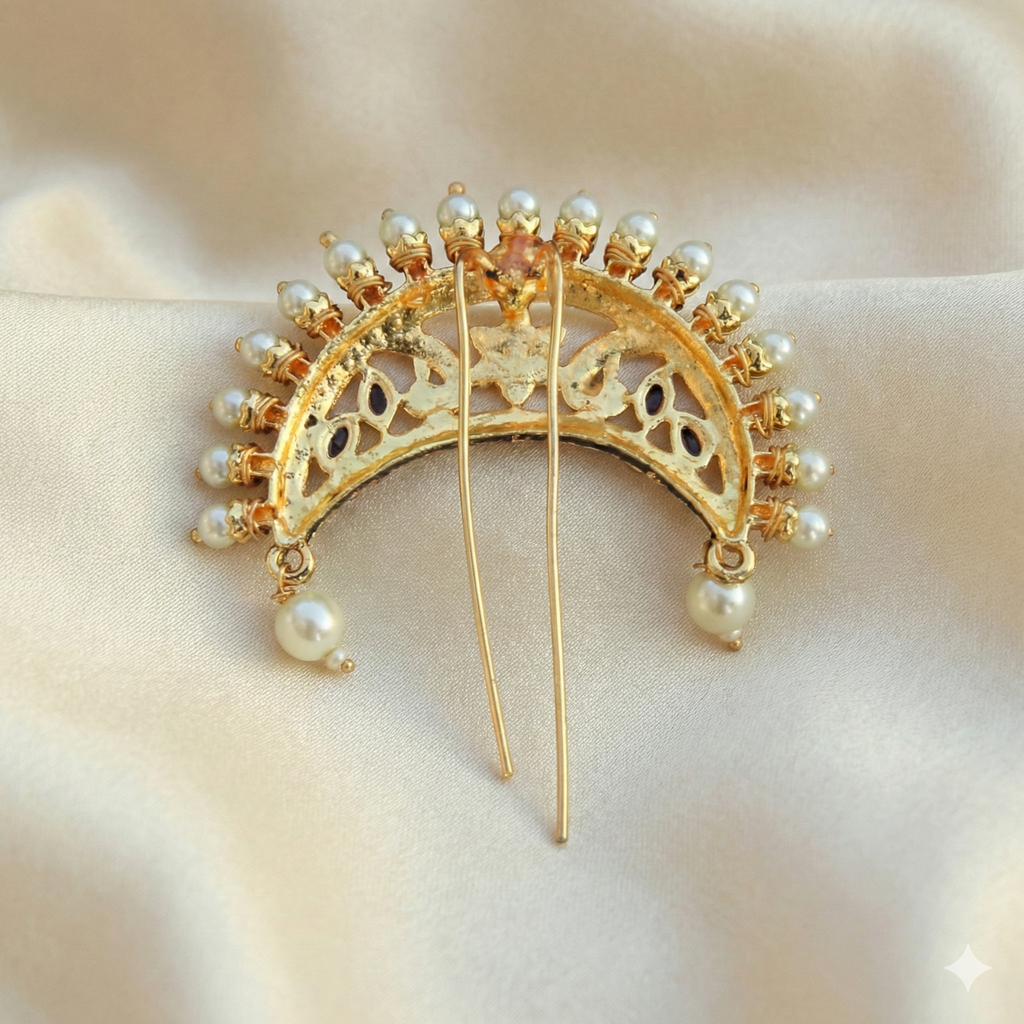 Regal Crown Design Golden Khopa with Ruby Stones | Bridal Hair Accessory