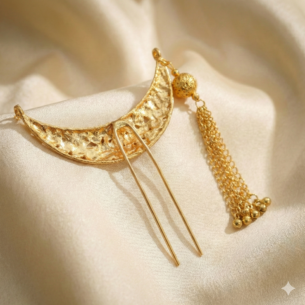 Designer Crescent Golden Khopa with Chain & Beads | Hair Accessory