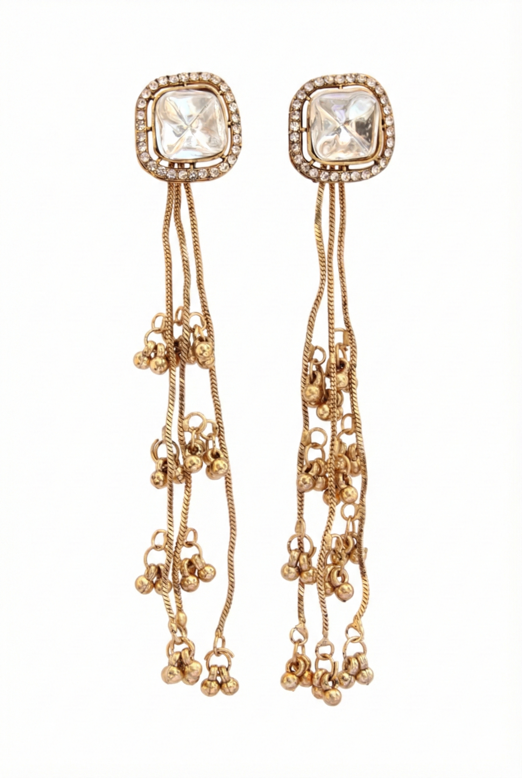 Kashmiri Delicate Chain Crystal Earrings - Golden Imitation Jewelry with Ghungroo
