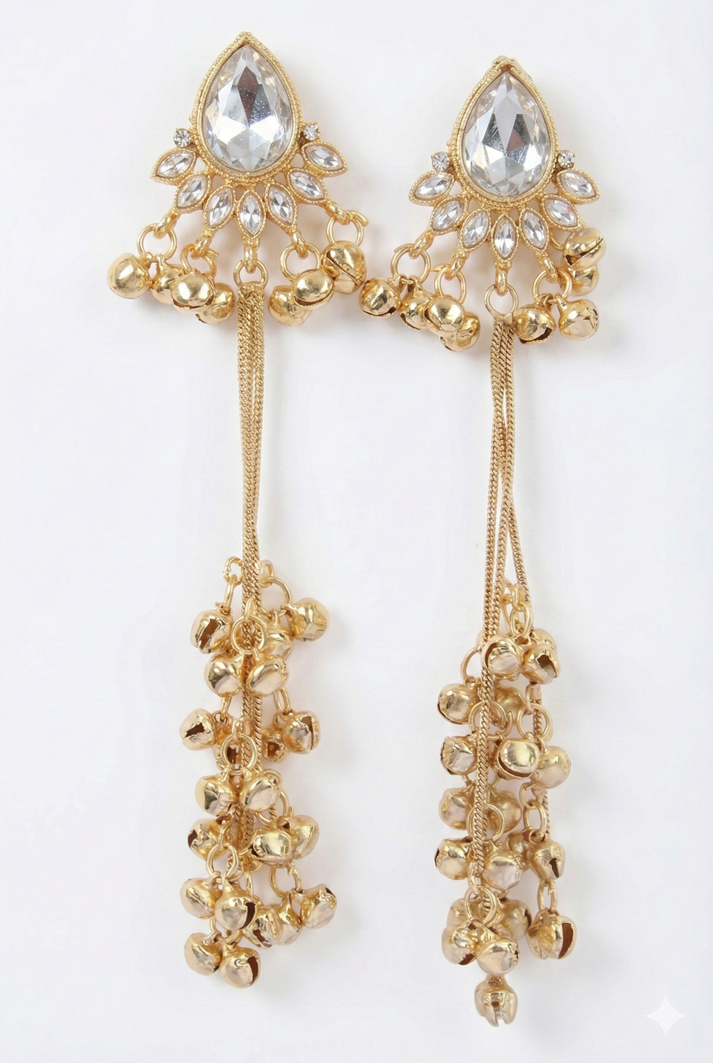 Kashmiri Teardrop Crystal Earrings - Golden Imitation Jewelry with Ghungroo Chains