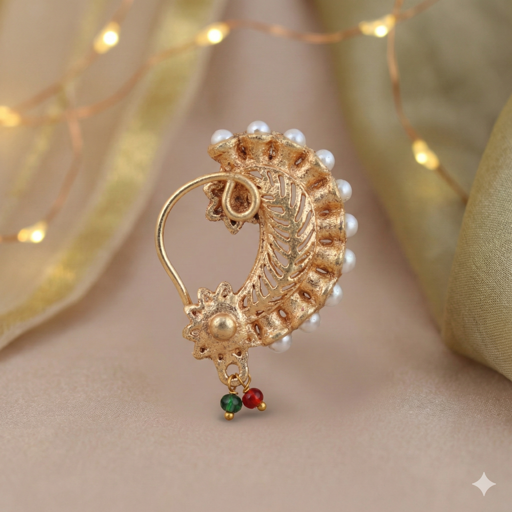 Traditional Banu Style Press Nath | Gold Plated Clip-On Nose Ring (Non-Pierced)