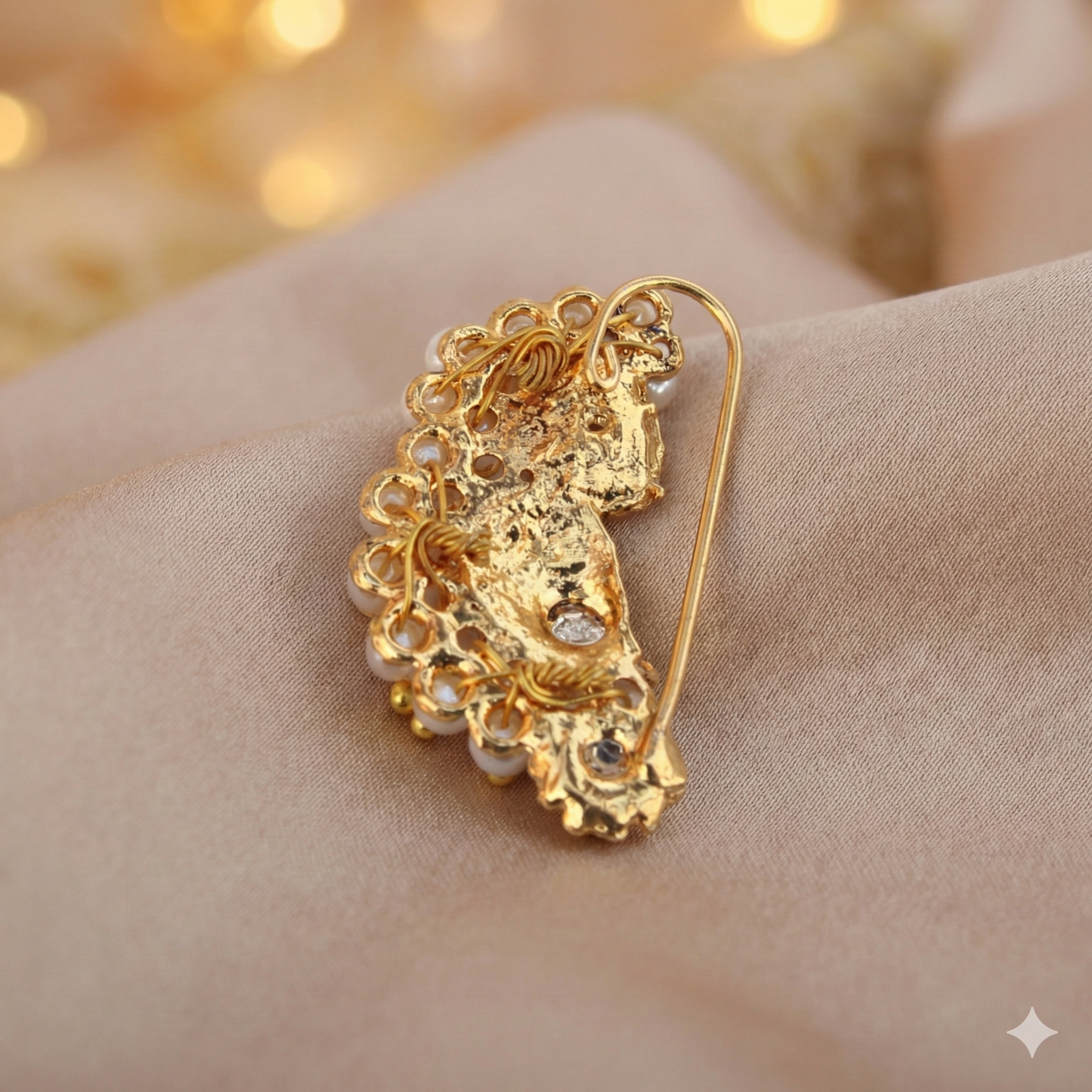 Traditional Maharashtrian Leaf Motif Press Nath | Gold Plated Pearl Clip-On Nose Pin