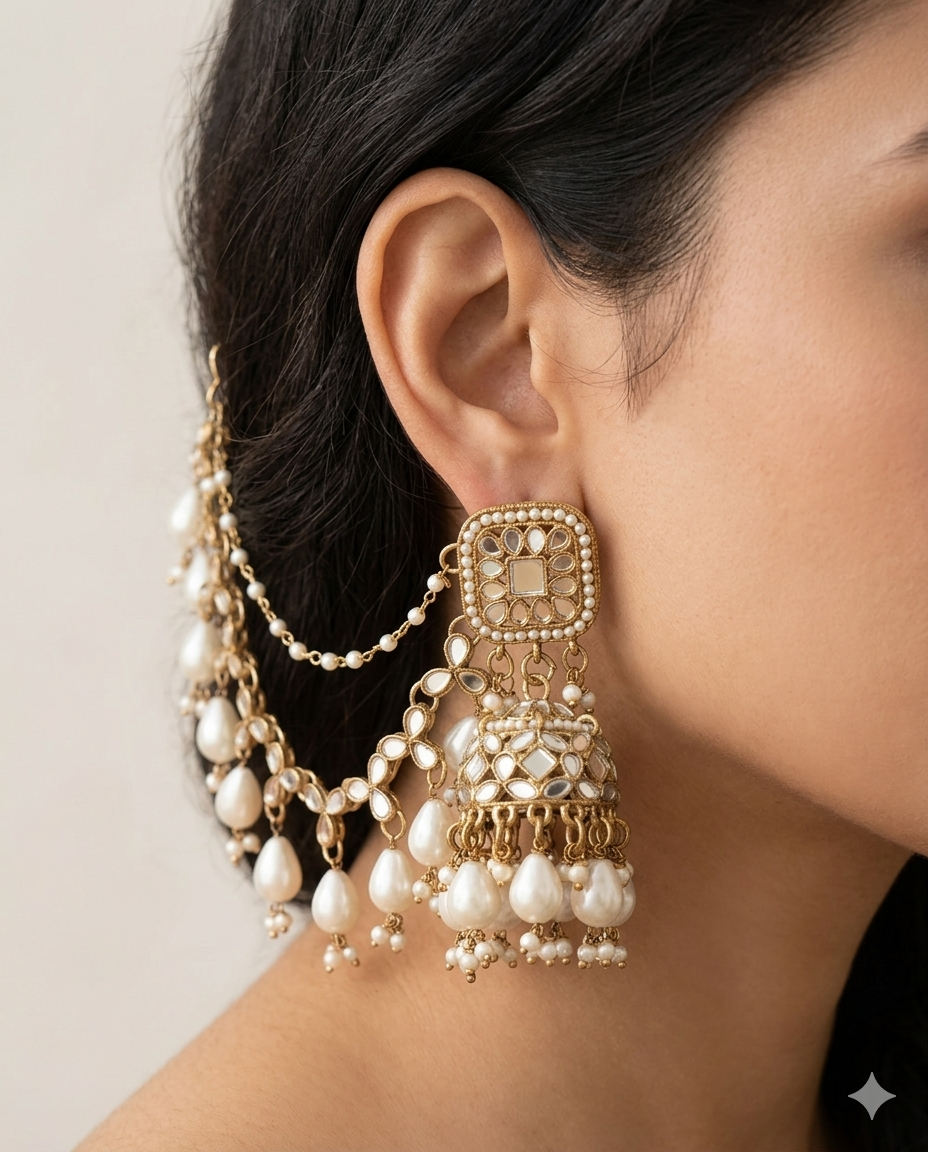 Kundan Jhumka Earrings with Maang Tikka & Chain Set - Golden Imitation Bridal Jewelry