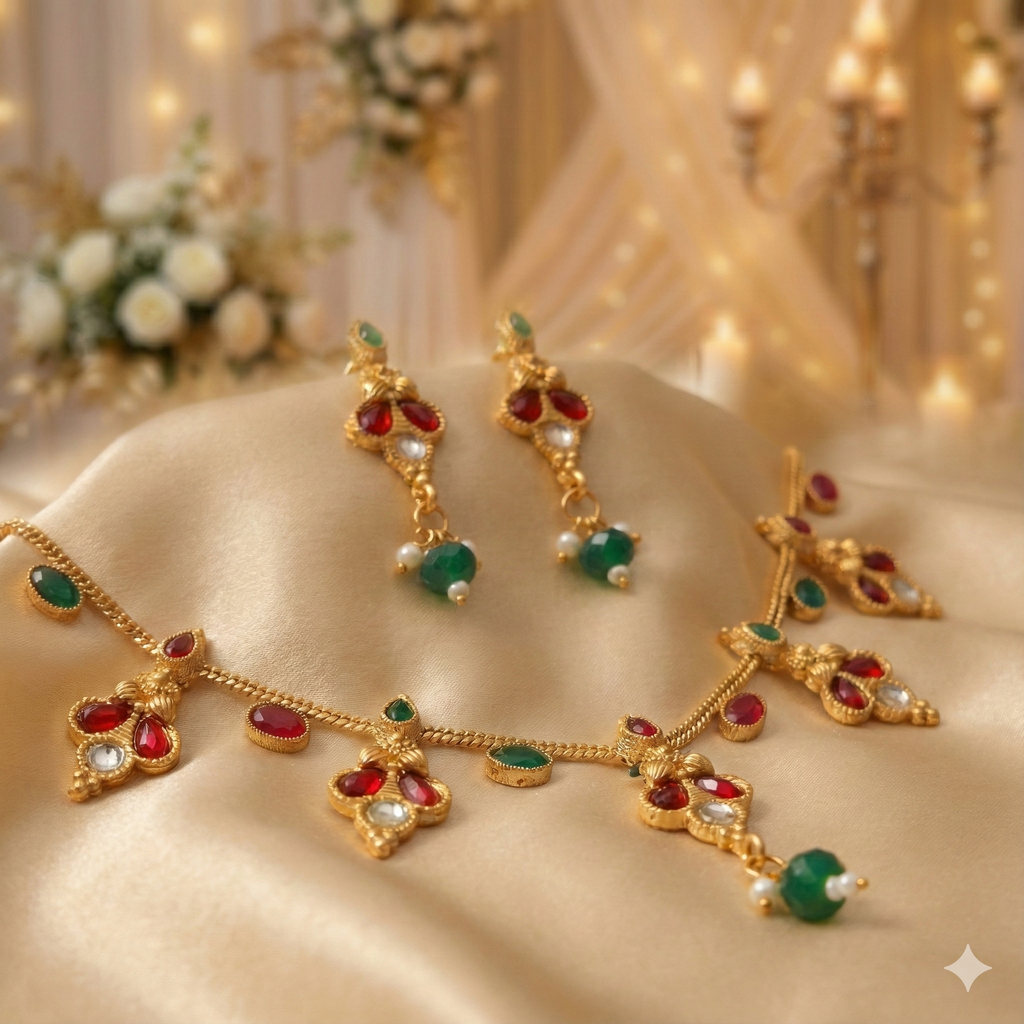 Premium 100% Copper Necklace Set with Floral Charms & Green Beads | Red & Green Stones