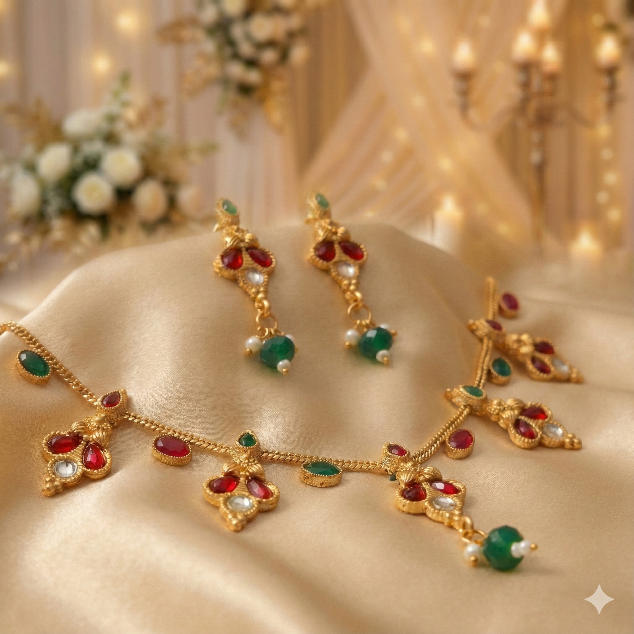 Premium 100% Copper Necklace Set with Floral Charms & Green Beads | Red & Green Stones