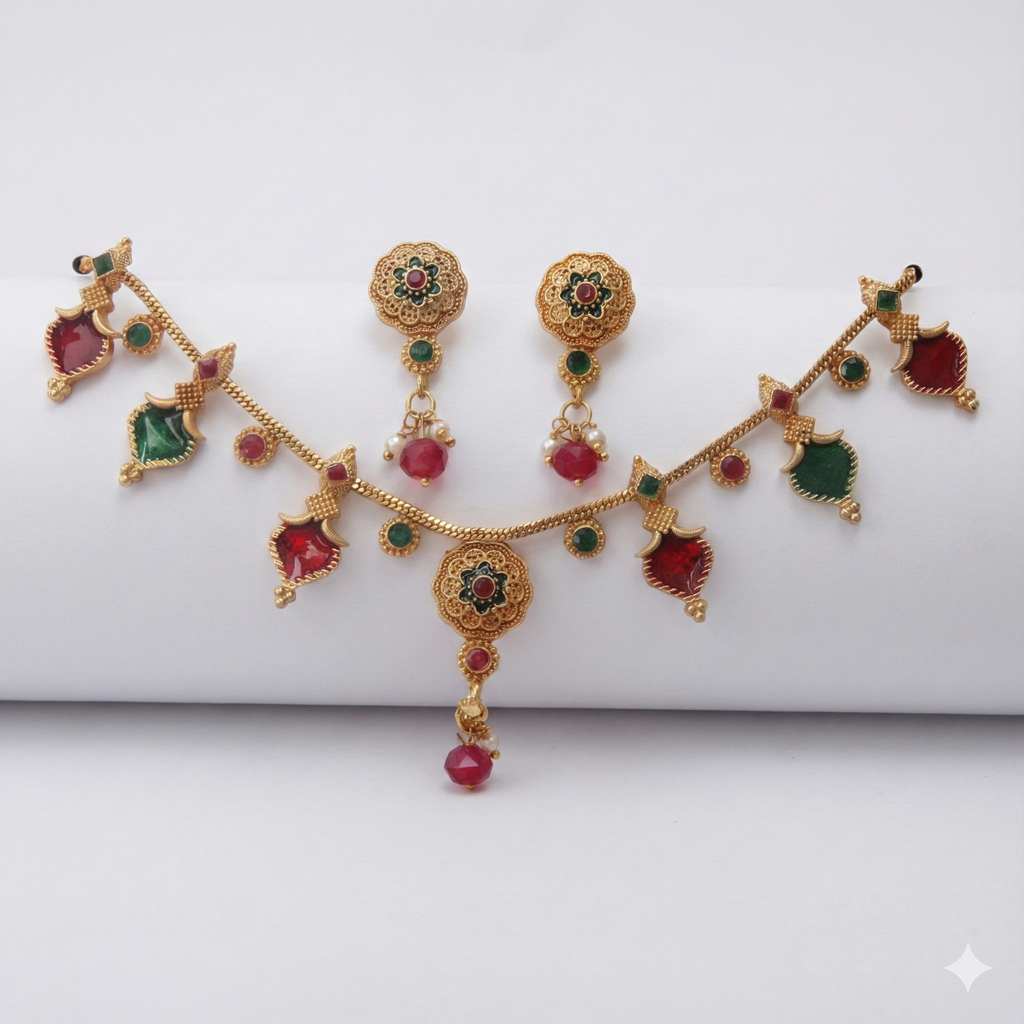 Premium 100% Copper Necklace Set with Floral & Leaf Charms | Red & Green Stones