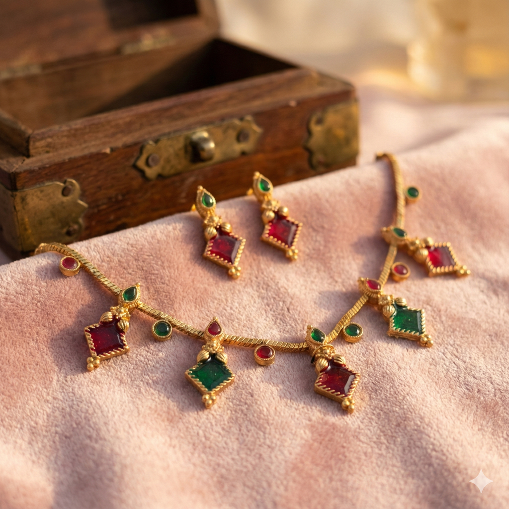 Premium 100% Copper Necklace Set with Diamond Charms | Geometric Red & Green Stones