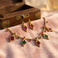 Premium 100% Copper Necklace Set with Diamond Charms | Geometric Red & Green Stones