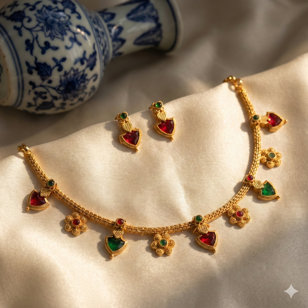 Premium 100% Copper Necklace Set with Heart & Floral Charms | Red & Green Stones