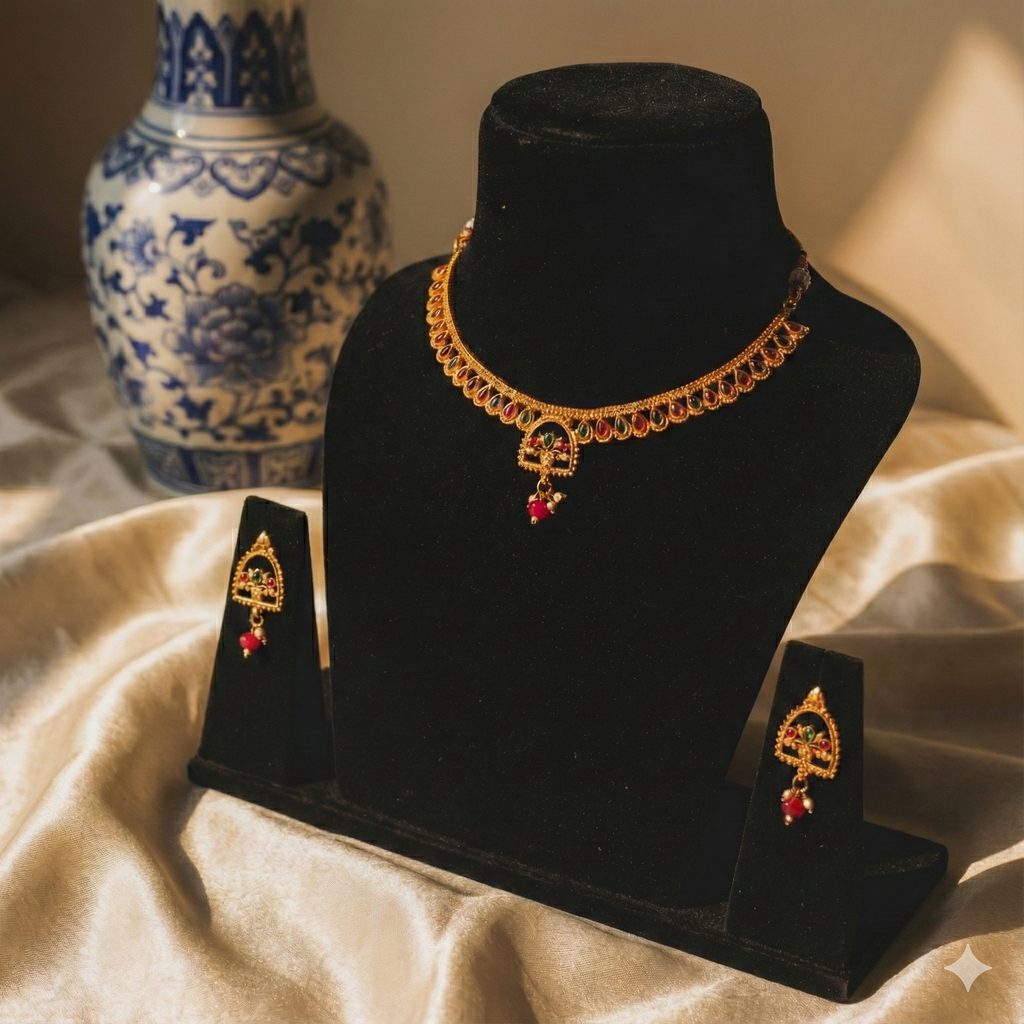 Premium 100% Copper Necklace Set with Teardrop Stones & Basket Pendant | Red & Green