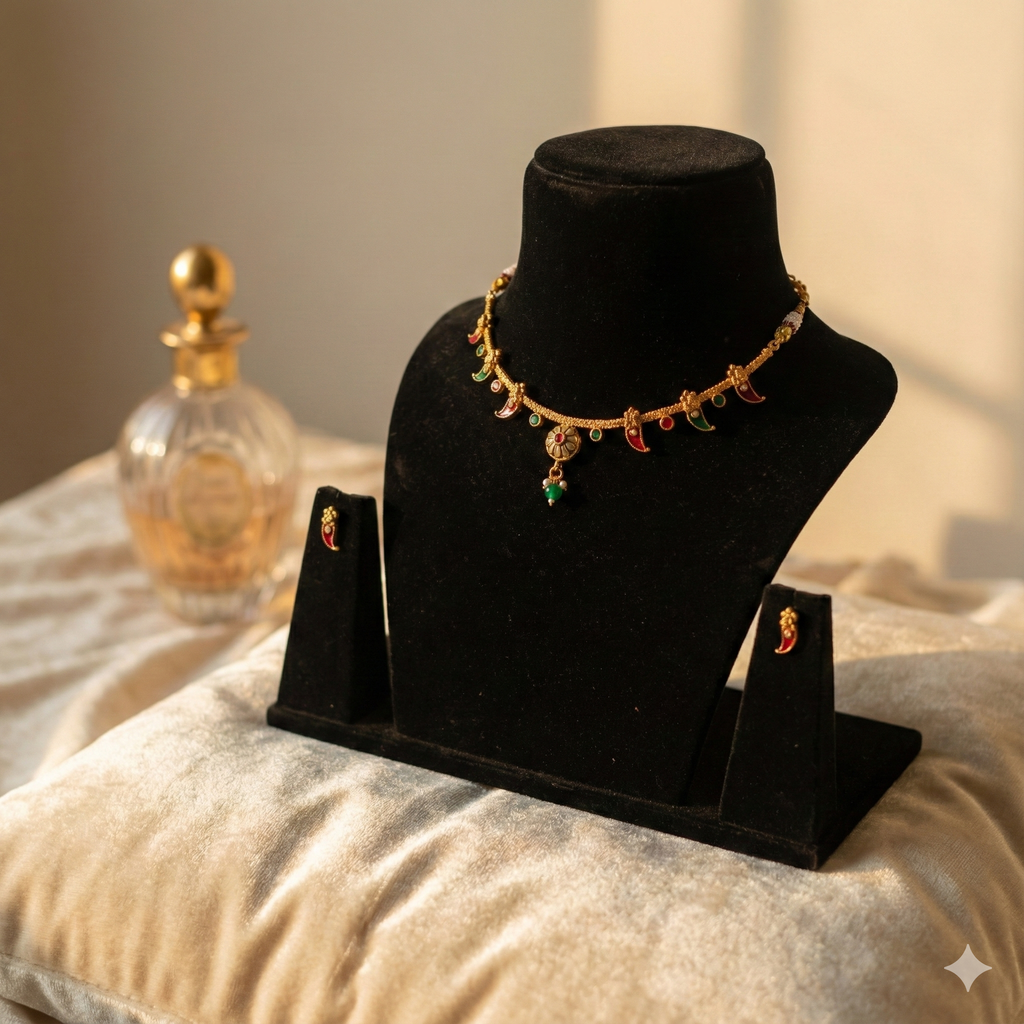 Premium 100% Copper Necklace Set with Curved Paisley Charms | Red & Green