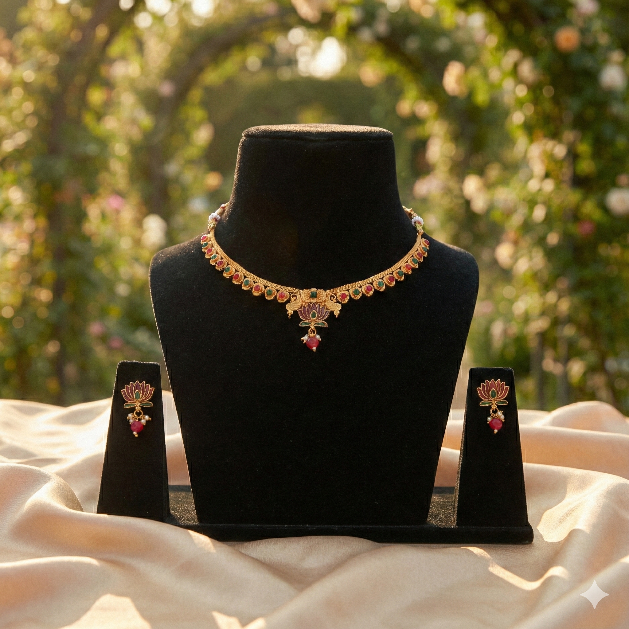 Premium 100% Copper Necklace Set with Lotus Motif | Red & Green Stones