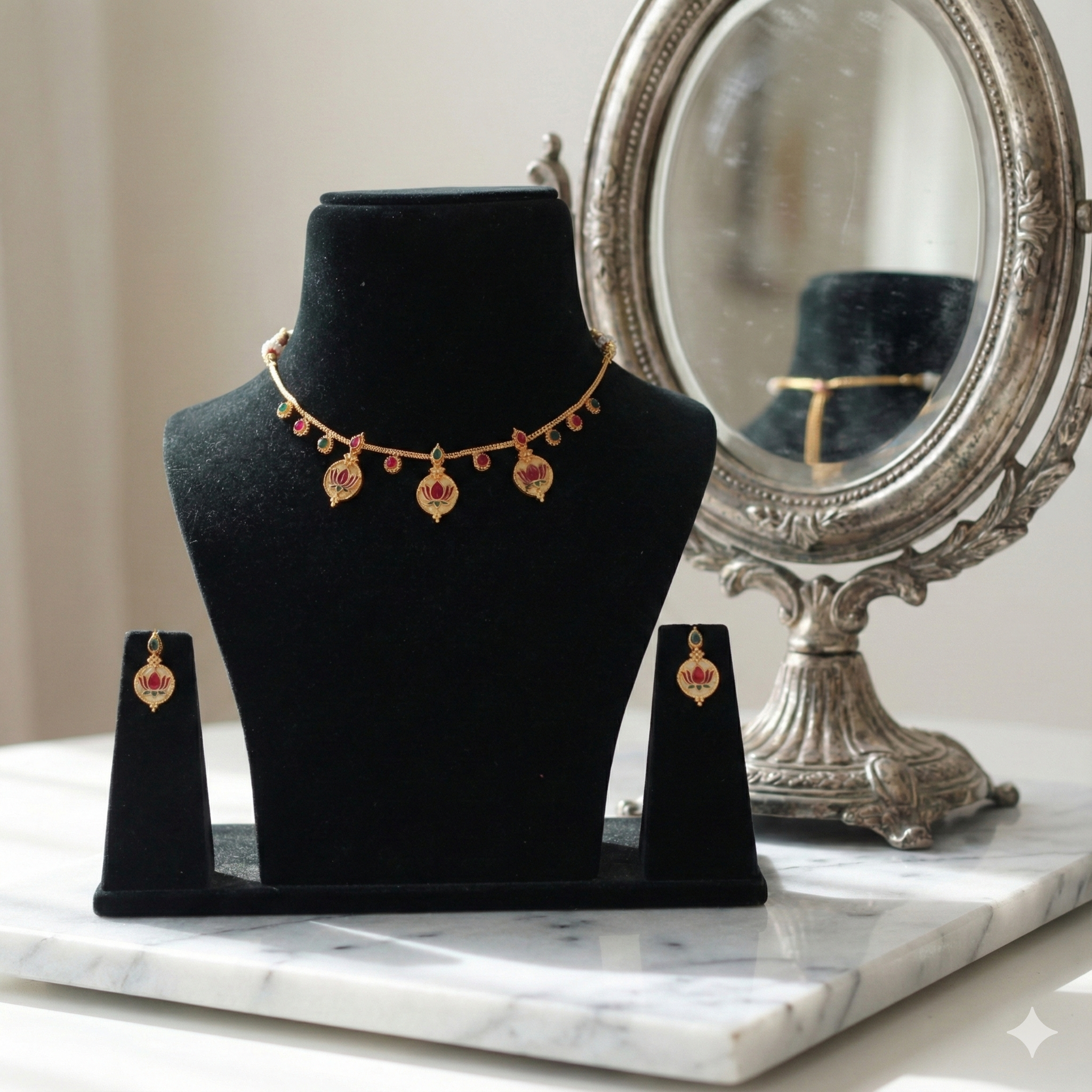 Premium 100% Copper Coin Necklace Set with Lotus Motif | Red & Green Stones