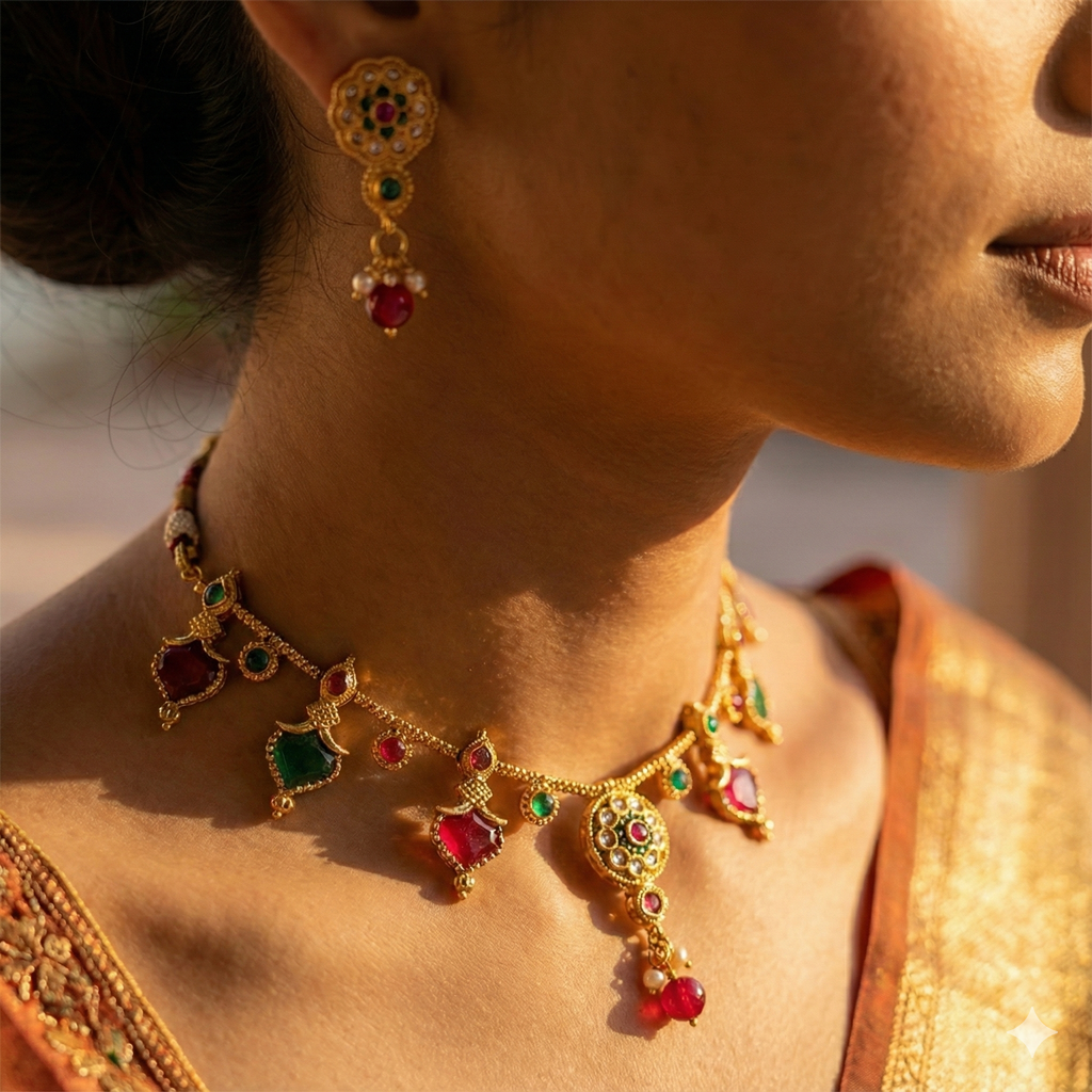 Premium 100% Copper Necklace Set with Floral & Leaf Charms | Red & Green Stones