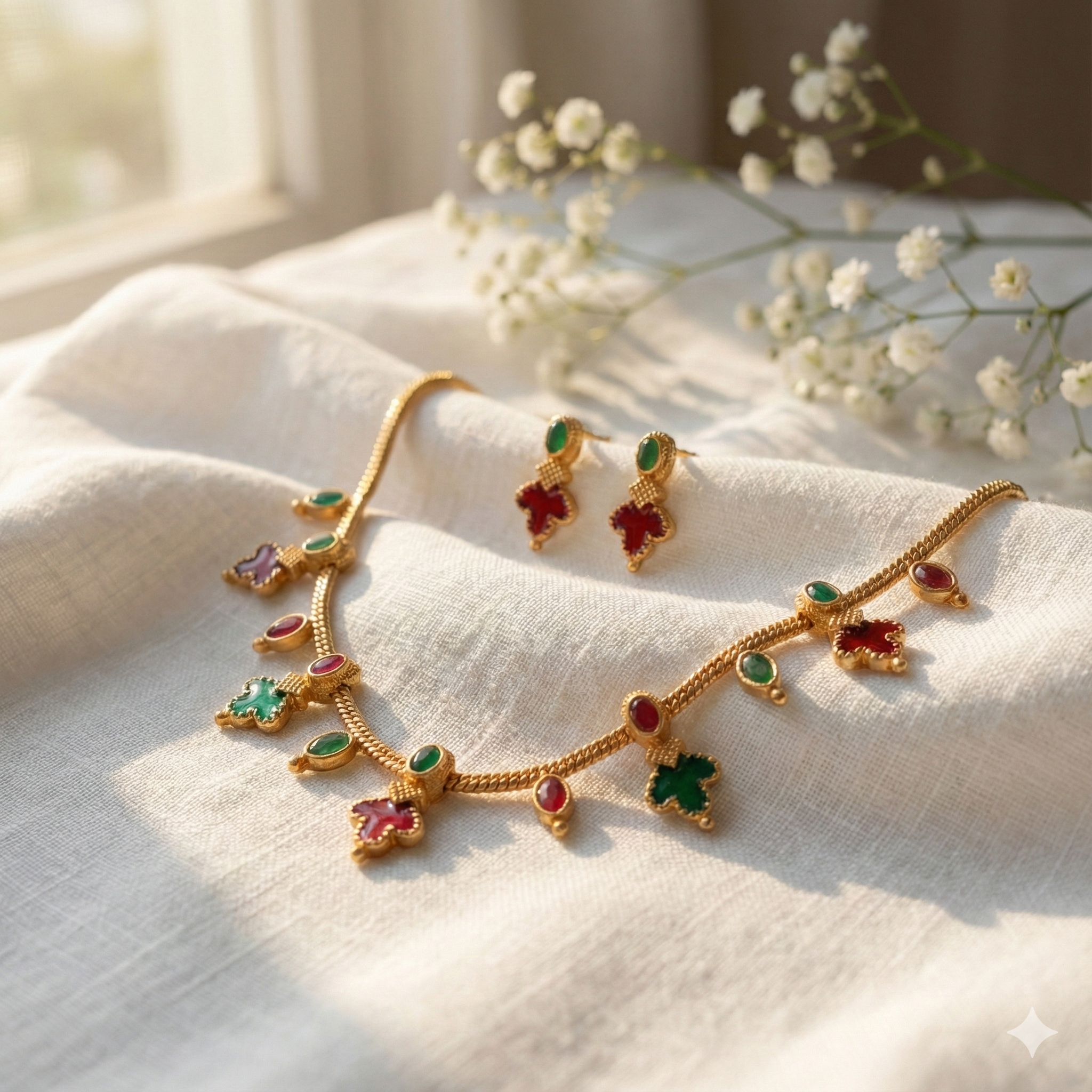 Premium 100% Copper Necklace Set with Stylized Leaf Charms | Red & Green Stones