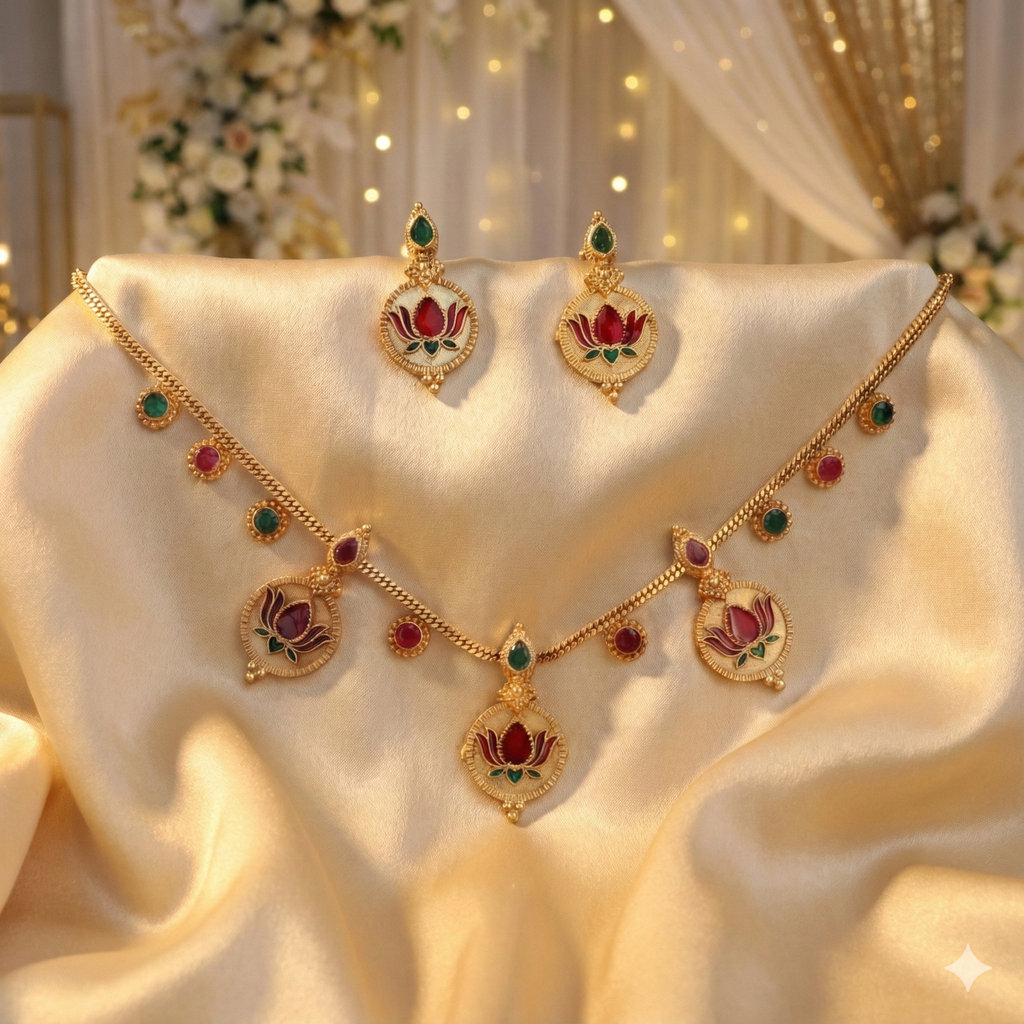 Premium 100% Copper Coin Necklace Set with Lotus Motif | Red & Green Stones