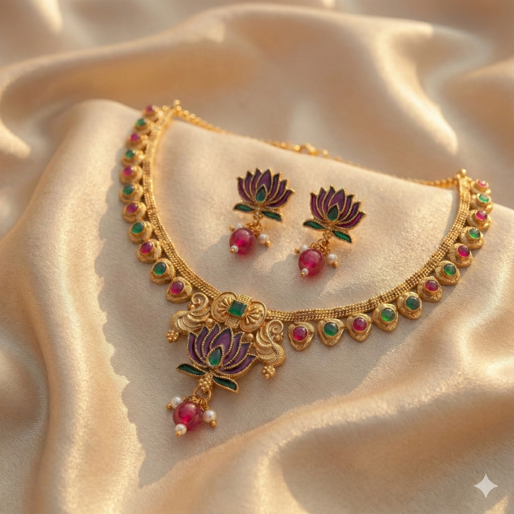 Premium 100% Copper Necklace Set with Lotus Motif | Red & Green Stones