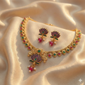 Premium 100% Copper Necklace Set with Lotus Motif | Red & Green Stones
