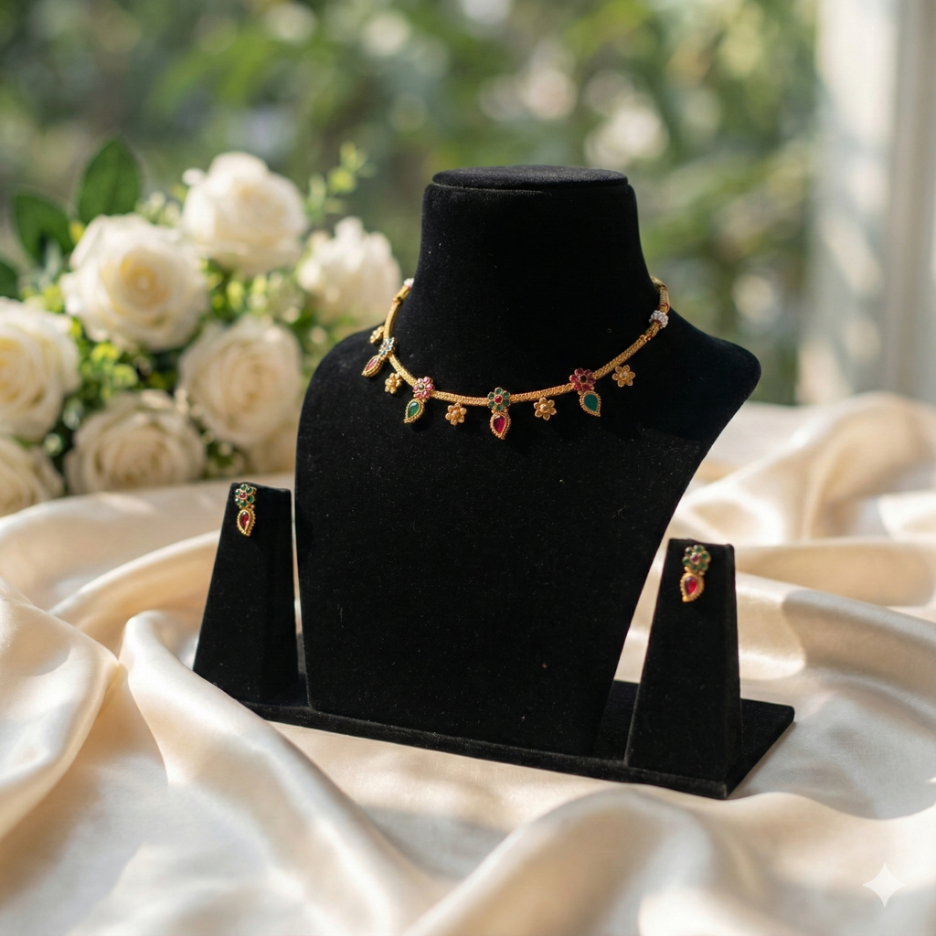 Premium 100% Copper Floral Necklace Set with Red & Green Stones | Gold Plated Jewellery