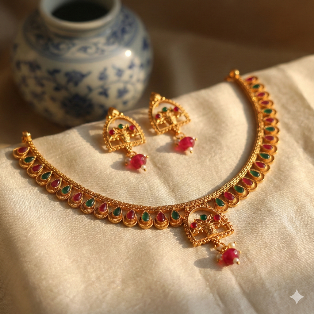 Premium 100% Copper Necklace Set with Teardrop Stones & Basket Pendant | Red & Green