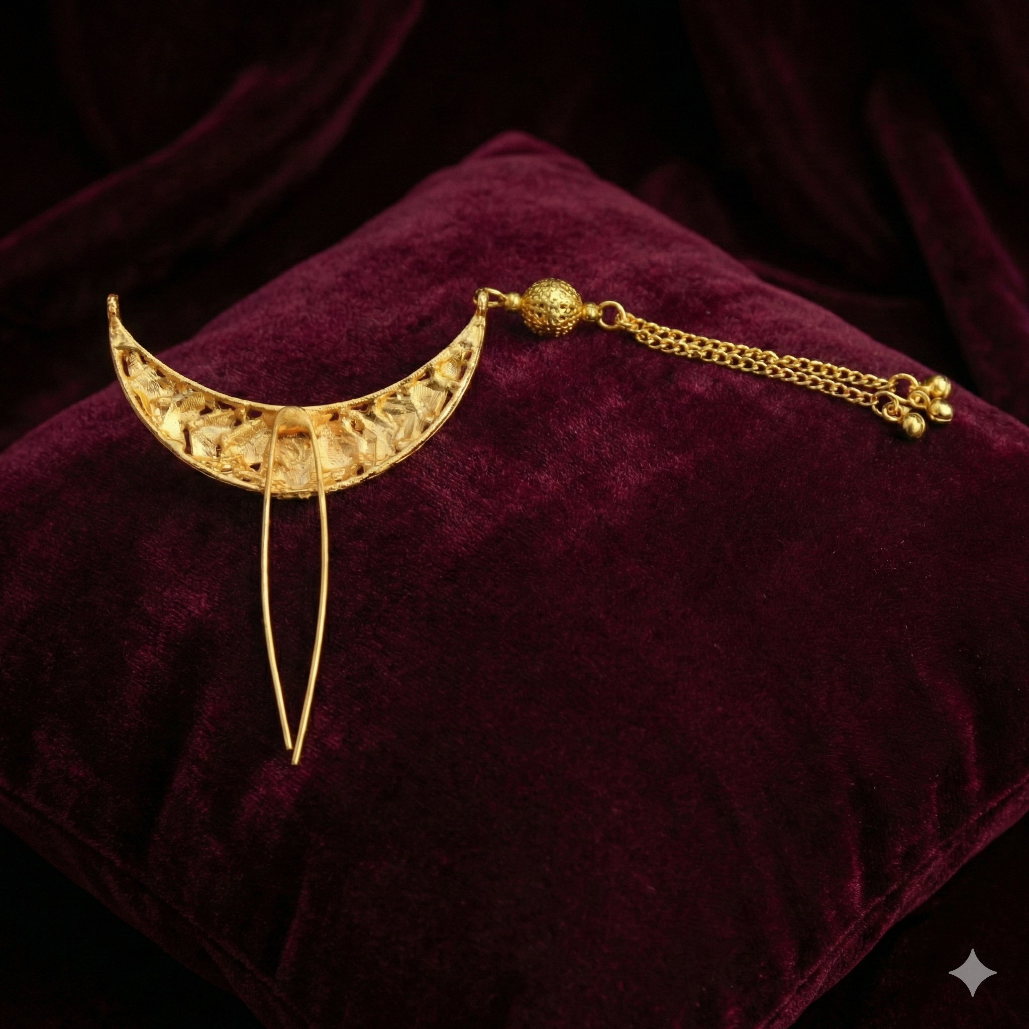 Minimalist Crescent Golden Khopa with Jhumka Chain | Hair Accessory