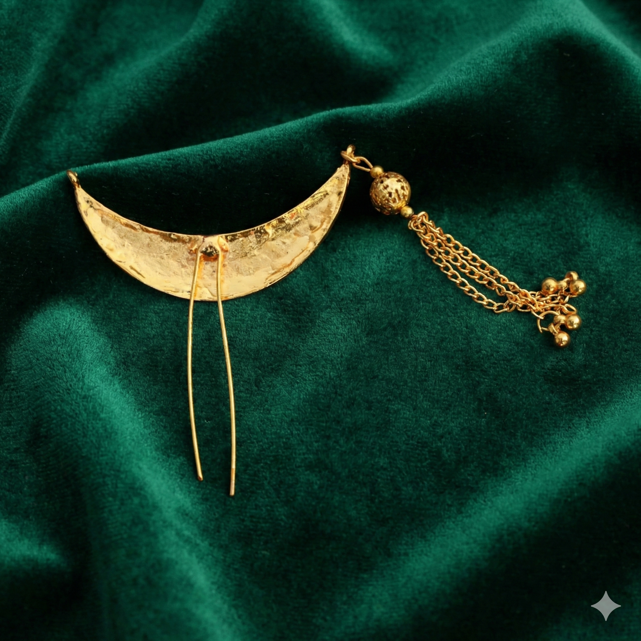 Minimalist Crescent Golden Khopa with Jhumka Chain | Hair Accessory