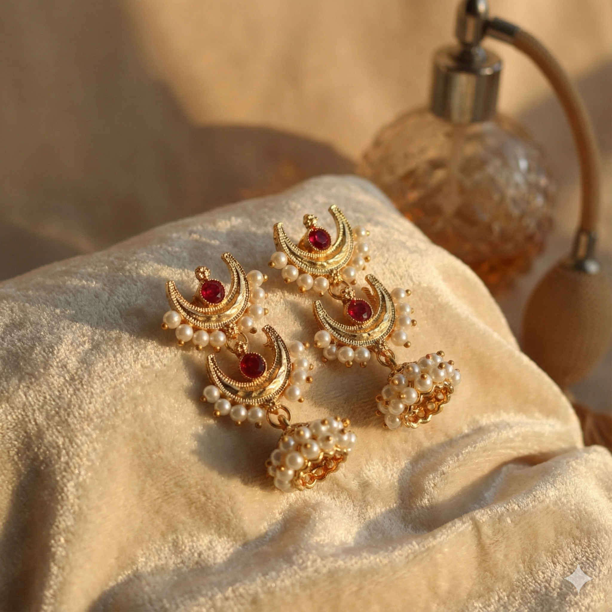 Double Chandbali Pearl Jhumka Earrings with Red Stones | Gold Plated Ethnic Jewellery