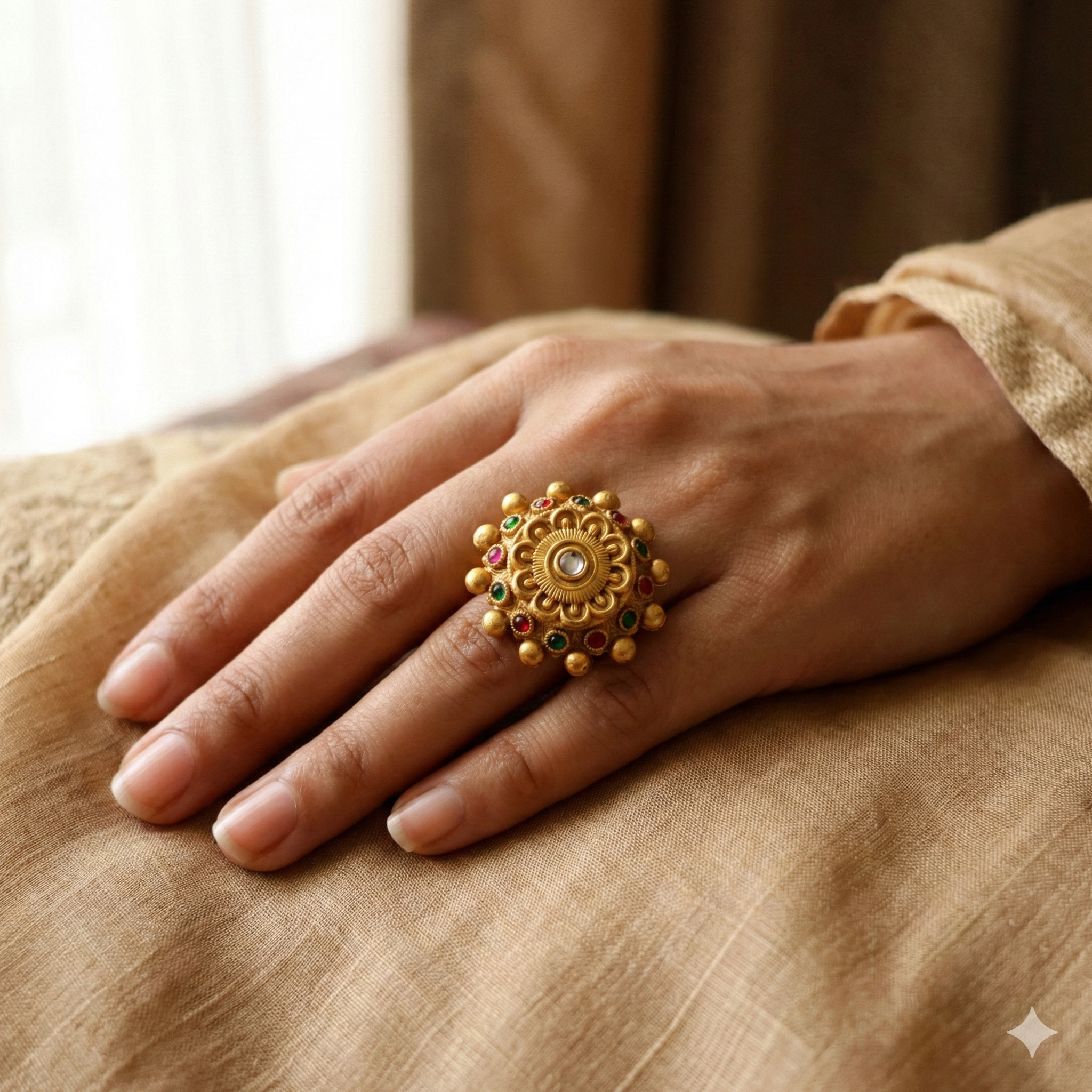 Gold Plated Traditional Ring - Adjustable Antique Ring with Multicolor Stones and Pearl Accents