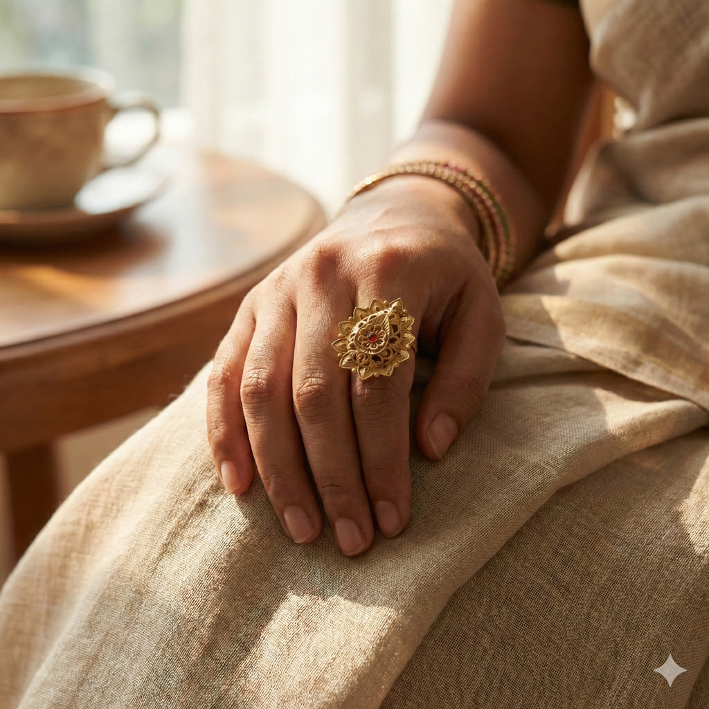 Gold Plated Antique Ring - Adjustable Traditional Multi-Layered Ring with Red Stone