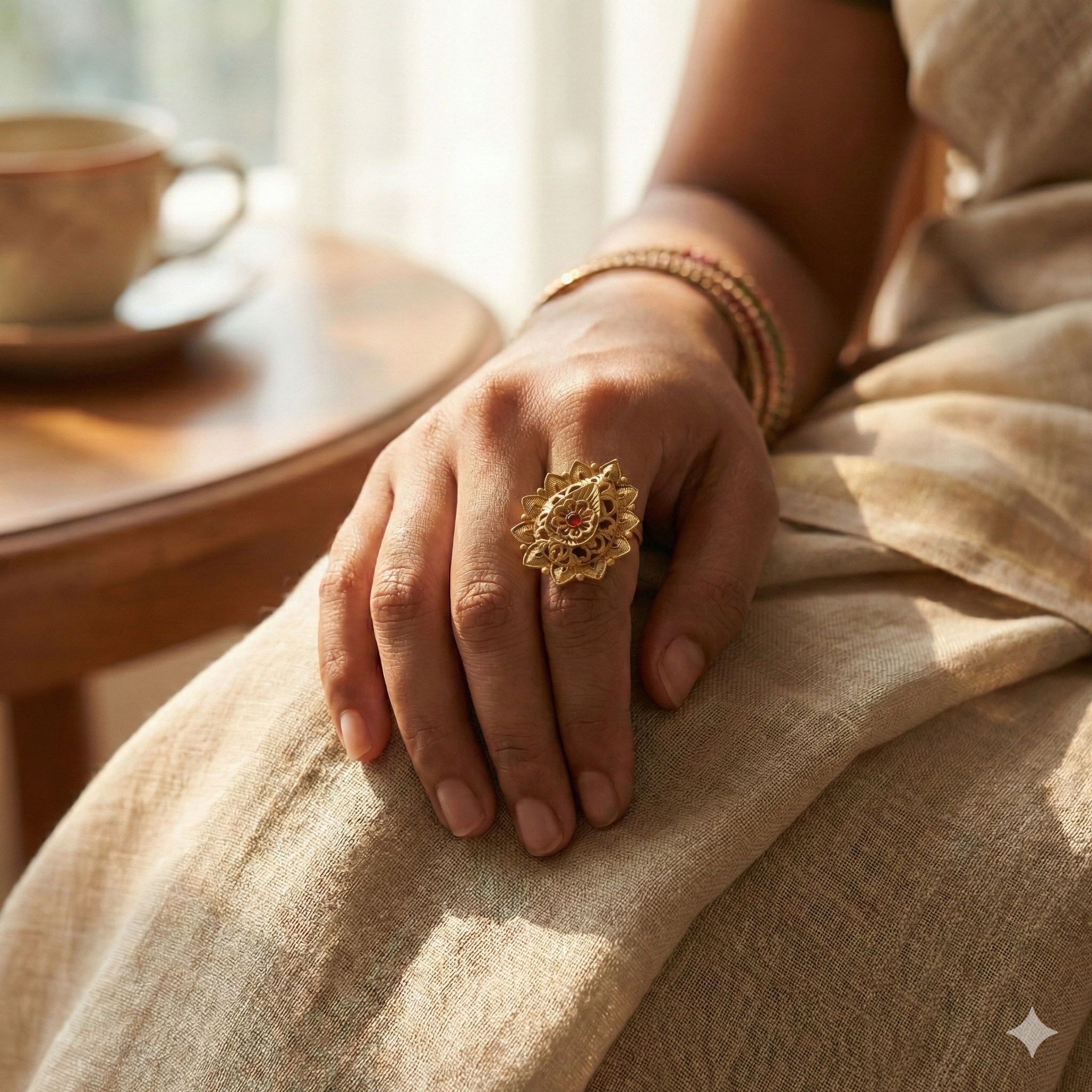 Gold Plated Antique Ring - Adjustable Traditional Multi-Layered Ring with Red Stone