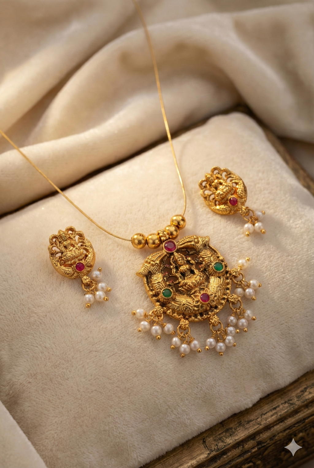 Invisible Temple Necklace Set with Earrings - Gold Plated Pearl Drop Jewelry