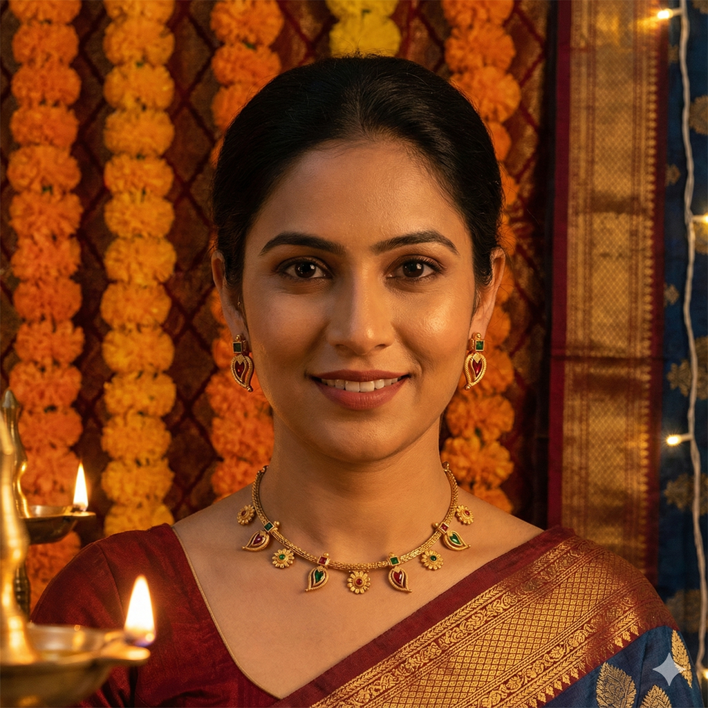 Premium 100% Copper Necklace Set with Floral & Paisley Charms | Red & Green Stones